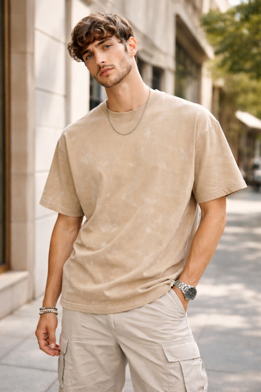 Testros Drop Shoulder Oversized T-Shirt – Acid Wash – 240 GSM – Beige