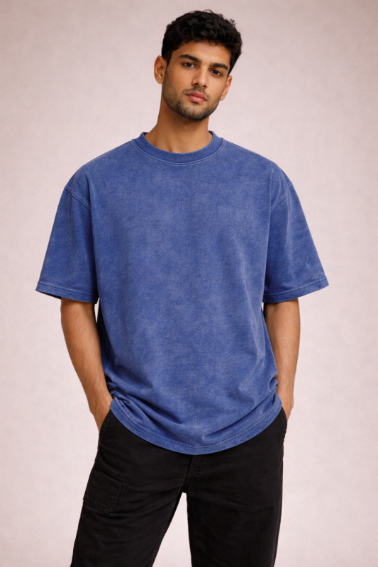 Testros Drop Shoulder Oversized T-Shirt – Acid Wash – 240 GSM – Blue