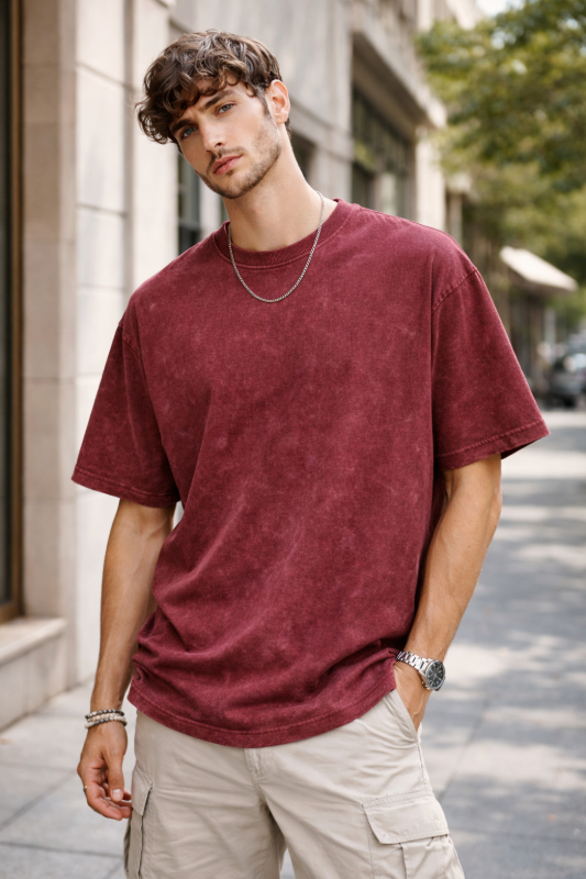 Testros Drop Shoulder Oversized T-Shirt – Acid Wash – 240 GSM –Maroon