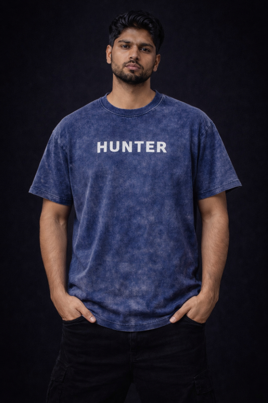 Testros Oversized Blue Acid Wash Biker Back Print T-Shirt 240 GSM