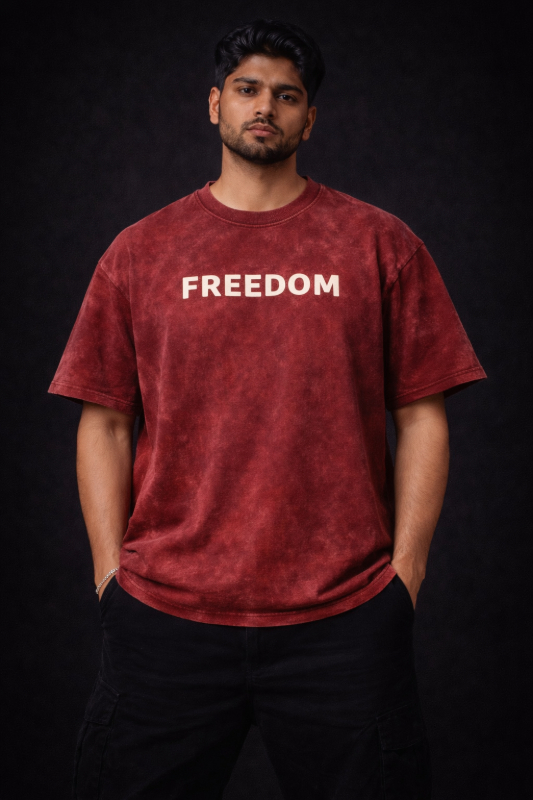 Testros Oversized Maroon Acid Wash Freedom Print T-Shirt 240 GSM
