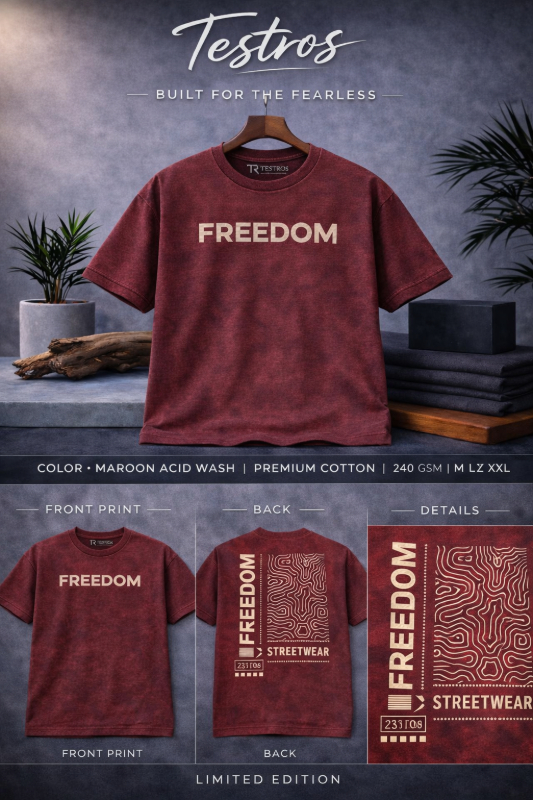 Testros Oversized Maroon Acid Wash Freedom Print T-Shirt 240 GSM-https://i-media.vyaparify.com/vcards/products/311904/product_1774529573_69c52c2512017.jpeg Image