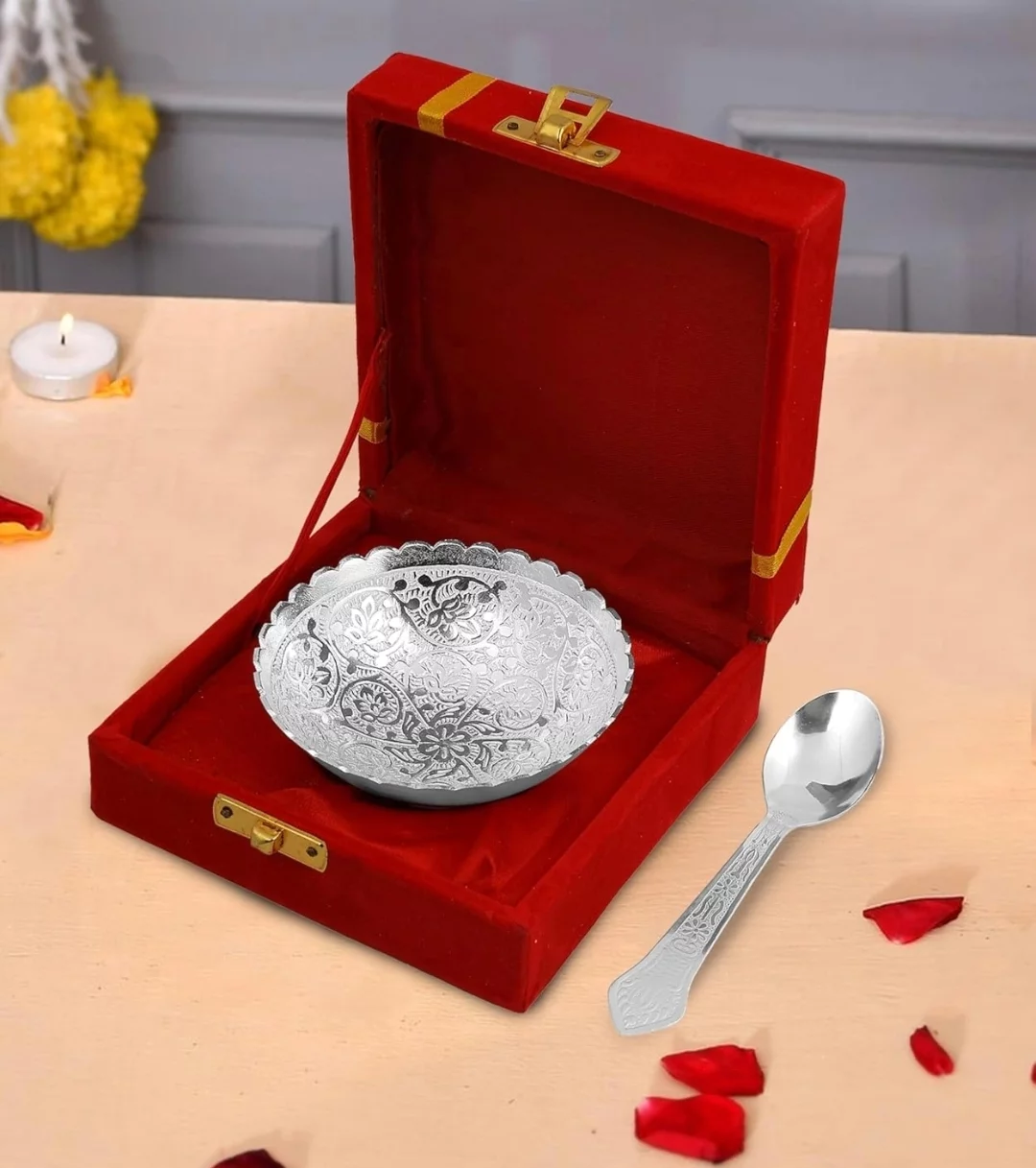 German Silver Single Bowl with Royal Velvet Box -2 Pieces  Set Bowl and Spoon-https://i-media.vyaparify.com/vcards/products/313470/product_1777455699_69f1d253f1f87.webp Image