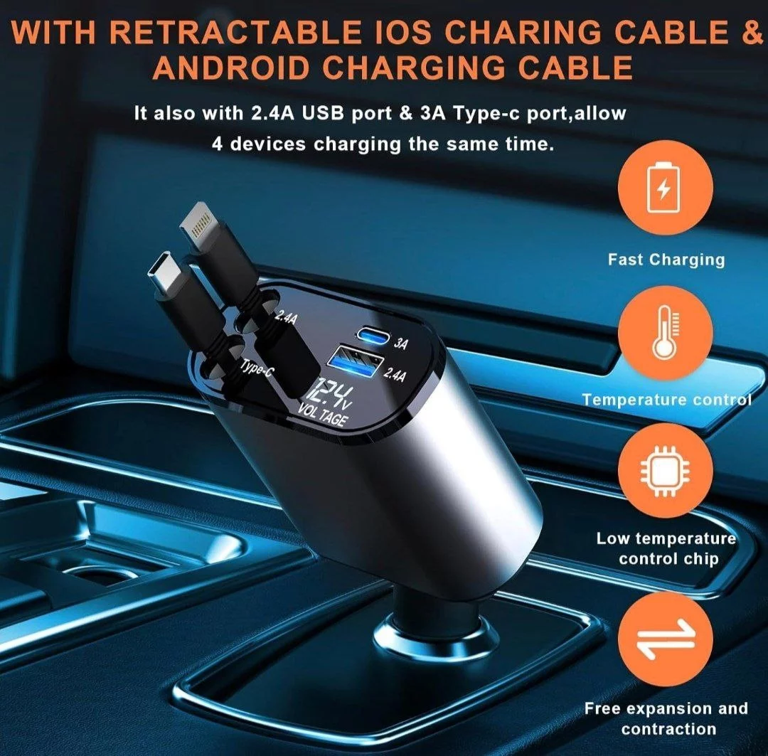 120W Fast Car Charger with 80CM Retractable Type-C & 30-pin Port Cables  Simultaneous Charging for 4 Devices –  Universal Car Mobile Charger for All Smartphones & Tablets-https://i-media.vyaparify.com/vcards/products/313473/product_1777456046_69f1d3ae188c4.webp Image
