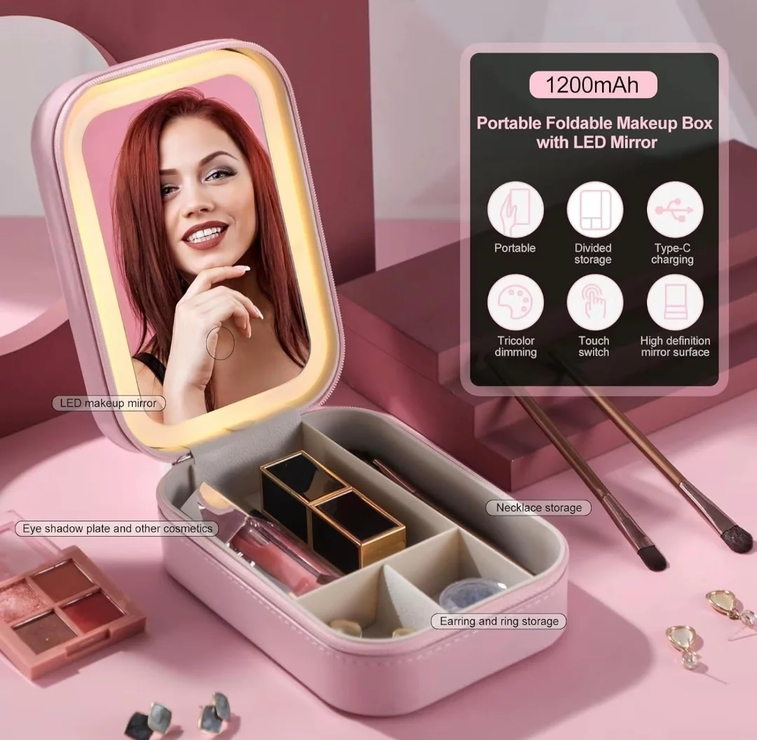 Makeup Vanity Mirror with LED Light | Trifold Touch Screen Mirror with 3X/2X Magnification | 180° Rotation | USB Rechargeable with Storage Base-https://i-media.vyaparify.com/vcards/products/315020/product_1781442487_6a2ea7b74912c.webp Image