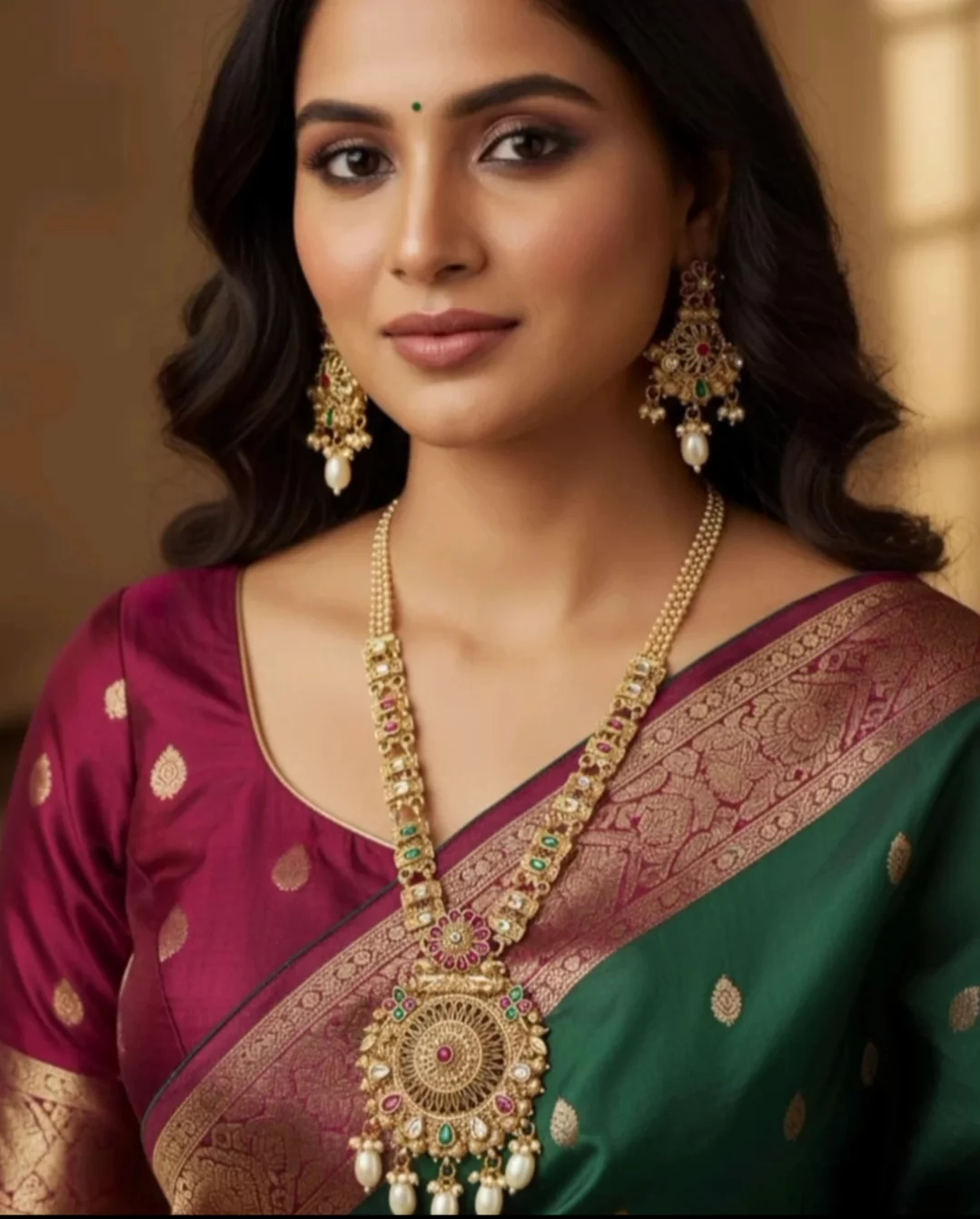 Pearl Rani Haar with Floral Necklace & Earrings Traditional Gold Plated Kempu Kundan Stone Jewelry Set for Women Colour Options Available-https://i-media.vyaparify.com/vcards/products/315029/product_1781443790_6a2eacceb17b2.webp Image