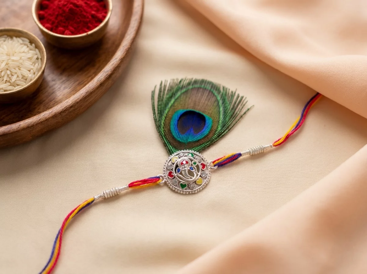 Premium Krishna Mor Pankh Rakhi with Roli Chawal product image