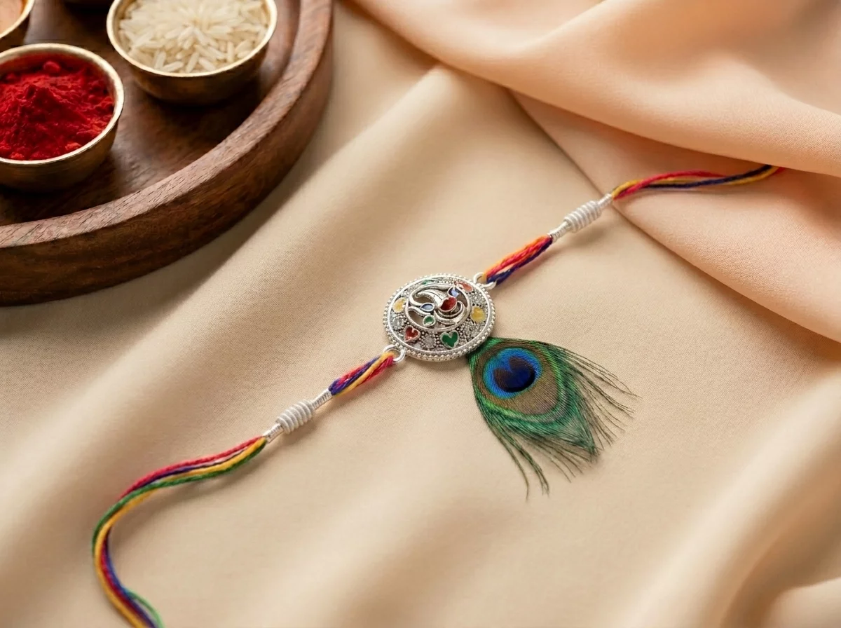 Premium Krishna Mor Pankh Rakhi with Roli Chawal product image