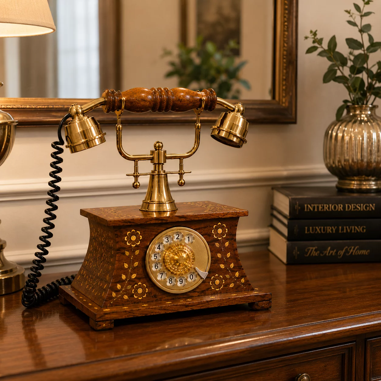 RAYVORA Vintage Wooden Rotary Telephone Antique Brass Desk Phone RAYVORA 