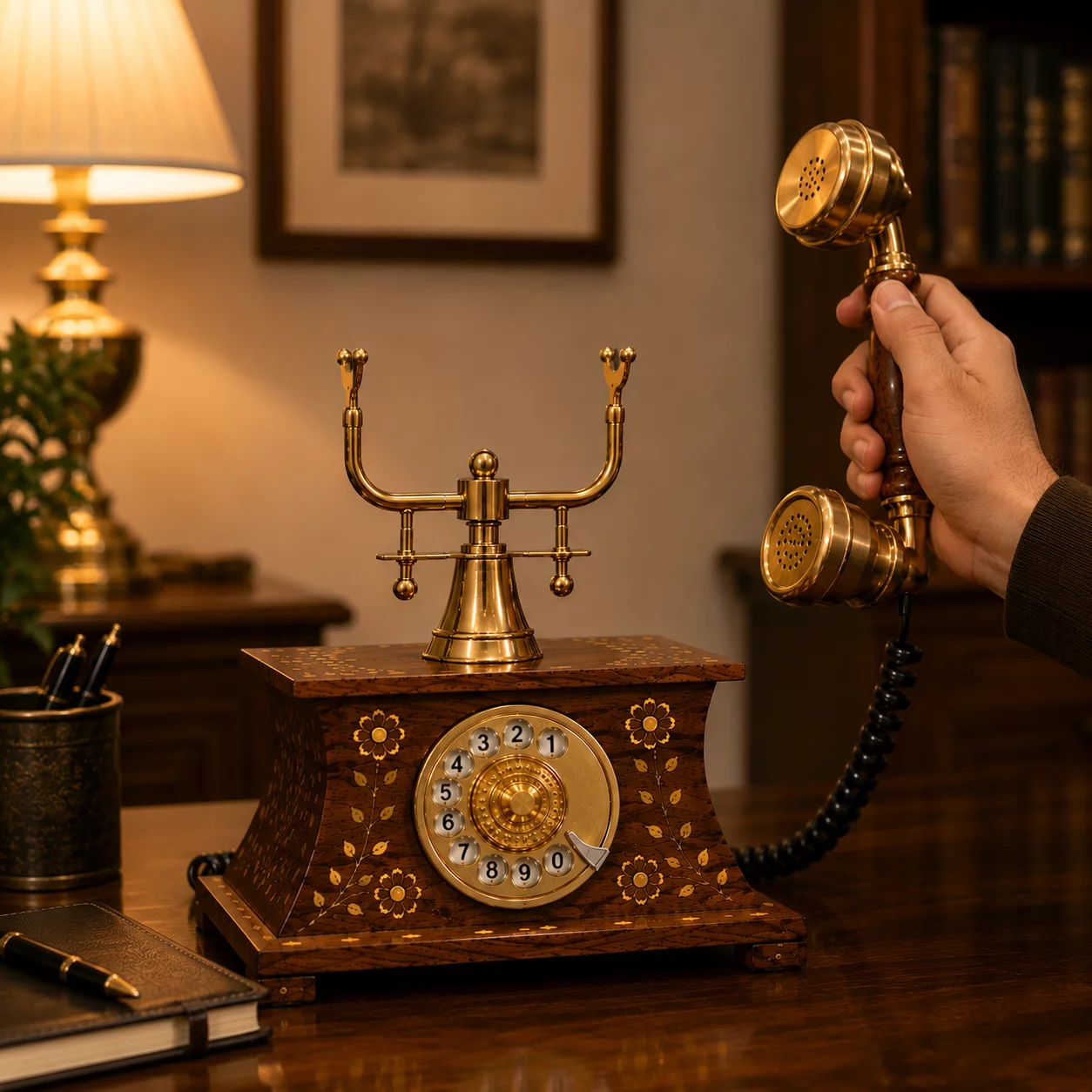 RAYVORA Vintage Wooden Rotary Telephone Antique Brass Desk Phone
