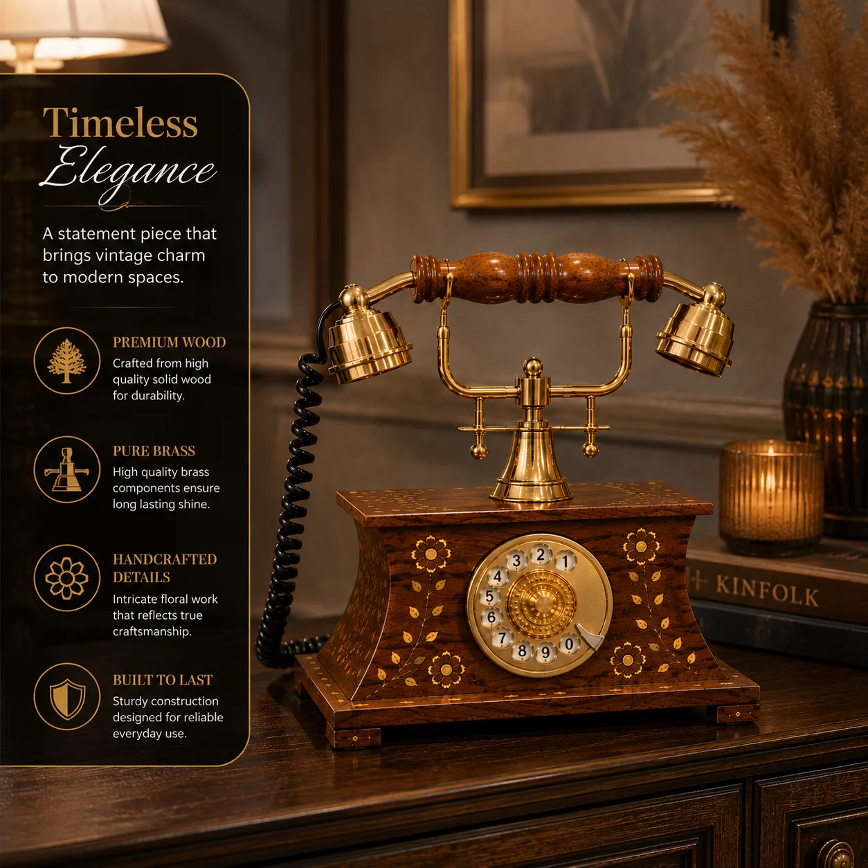 RAYVORA Vintage Wooden Rotary Telephone Antique Brass Desk Phone