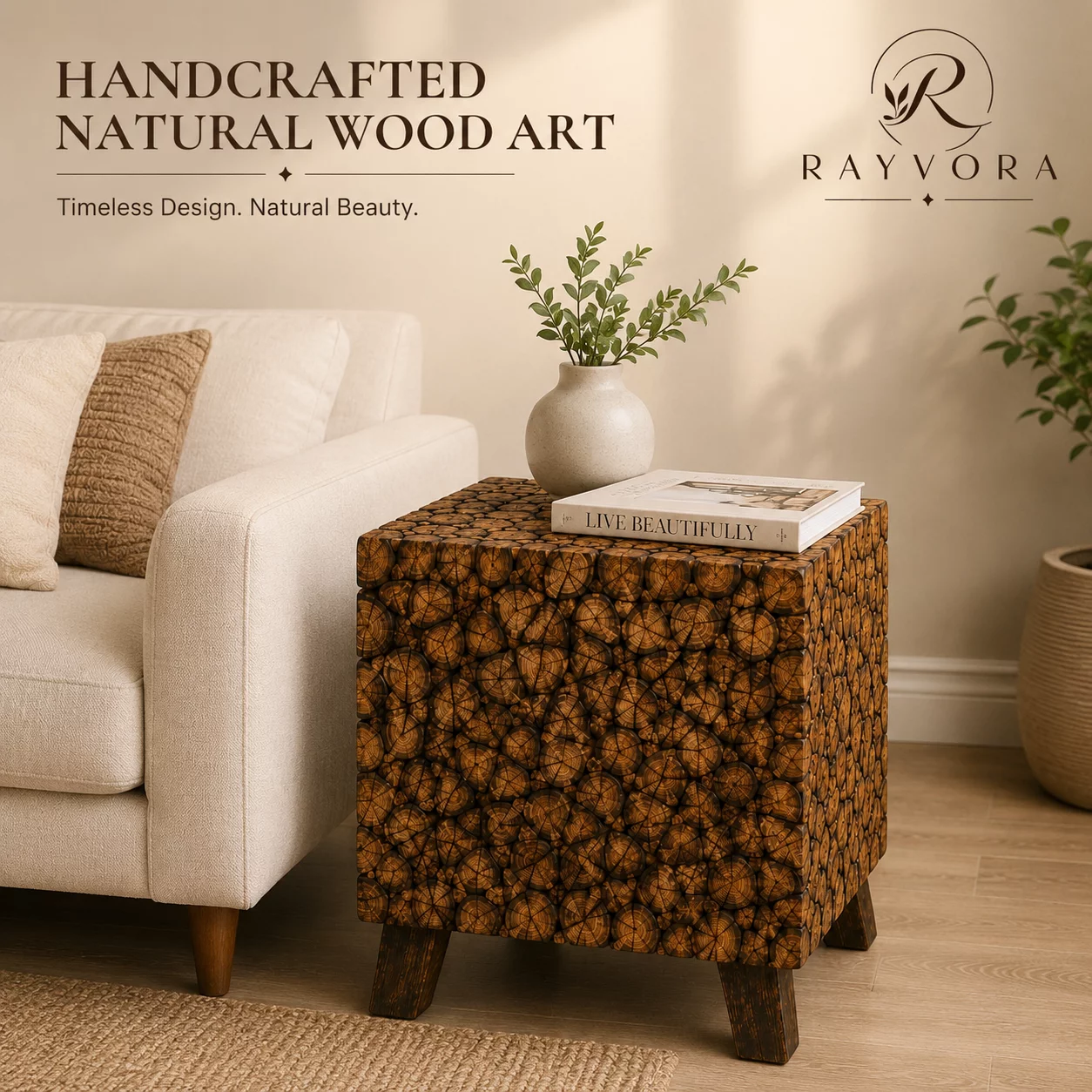 Handcrafted Solid Wood Log Side Table, Rustic End Table, Wooden Accent Stool, Bedside Nightstand, Na RAYVORA 