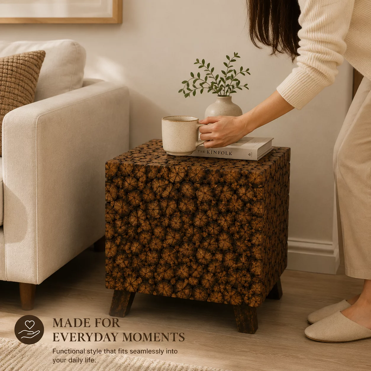 Handcrafted Solid Wood Log Side Table, Rustic End Table, Wooden Accent Stool, Bedside Nightstand, Na