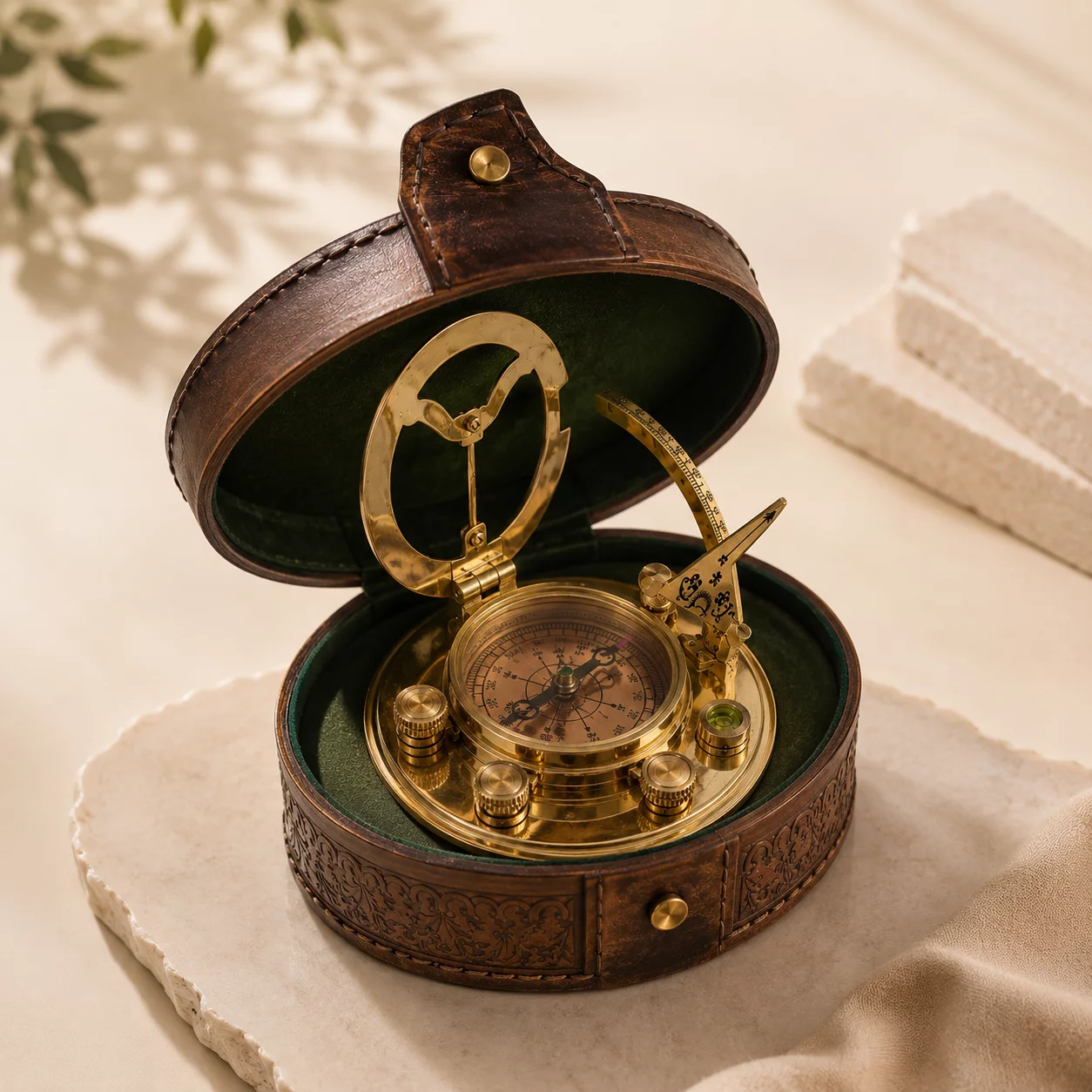 Antique Brass Sundial Compass with Leather Case, Vintage Pocket Compass RAYVORA 