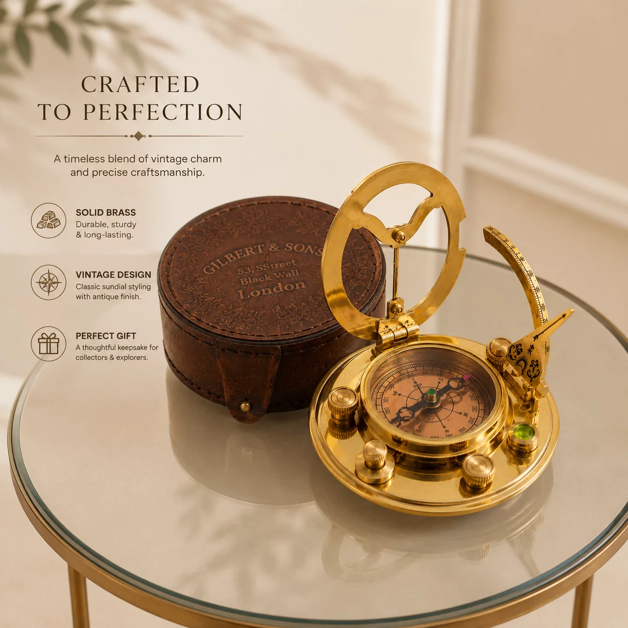 Antique Brass Sundial Compass with Leather Case, Vintage Pocket Compass