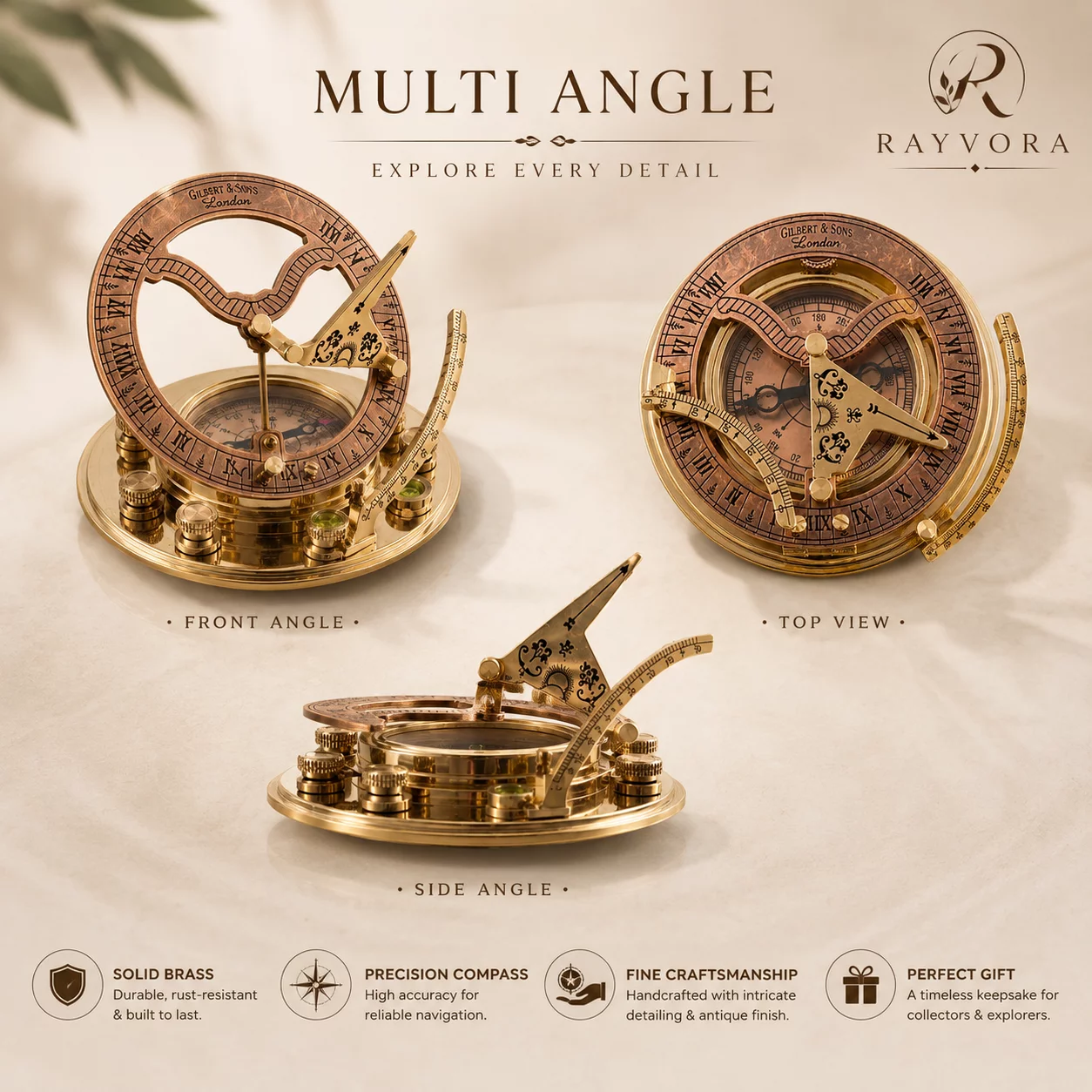 Antique Brass Sundial Compass with Leather Case, Vintage Pocket Compass