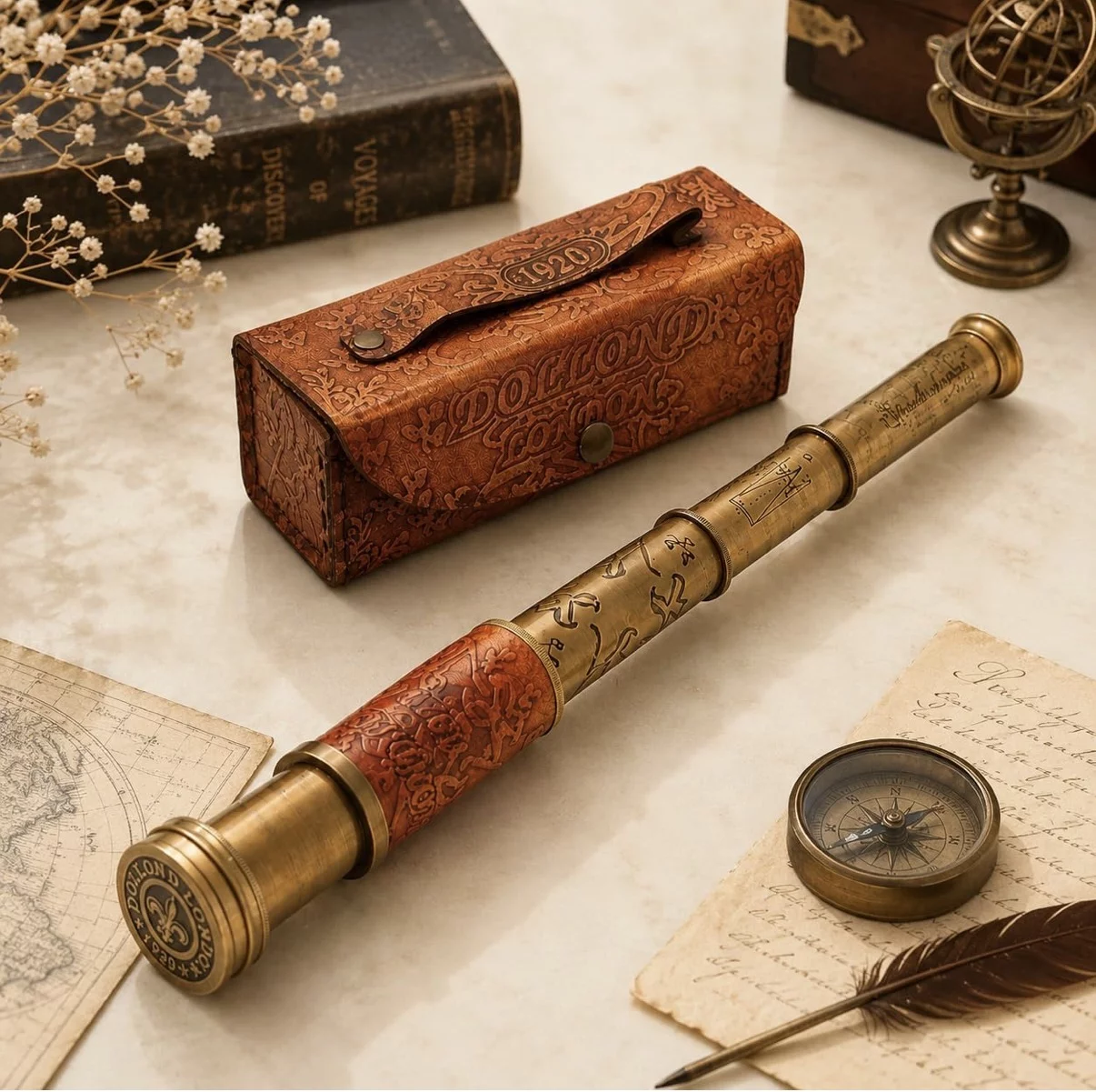 Leather Wrapped Brass Spyglass Telescope with Vintage Case RAYVORA 
