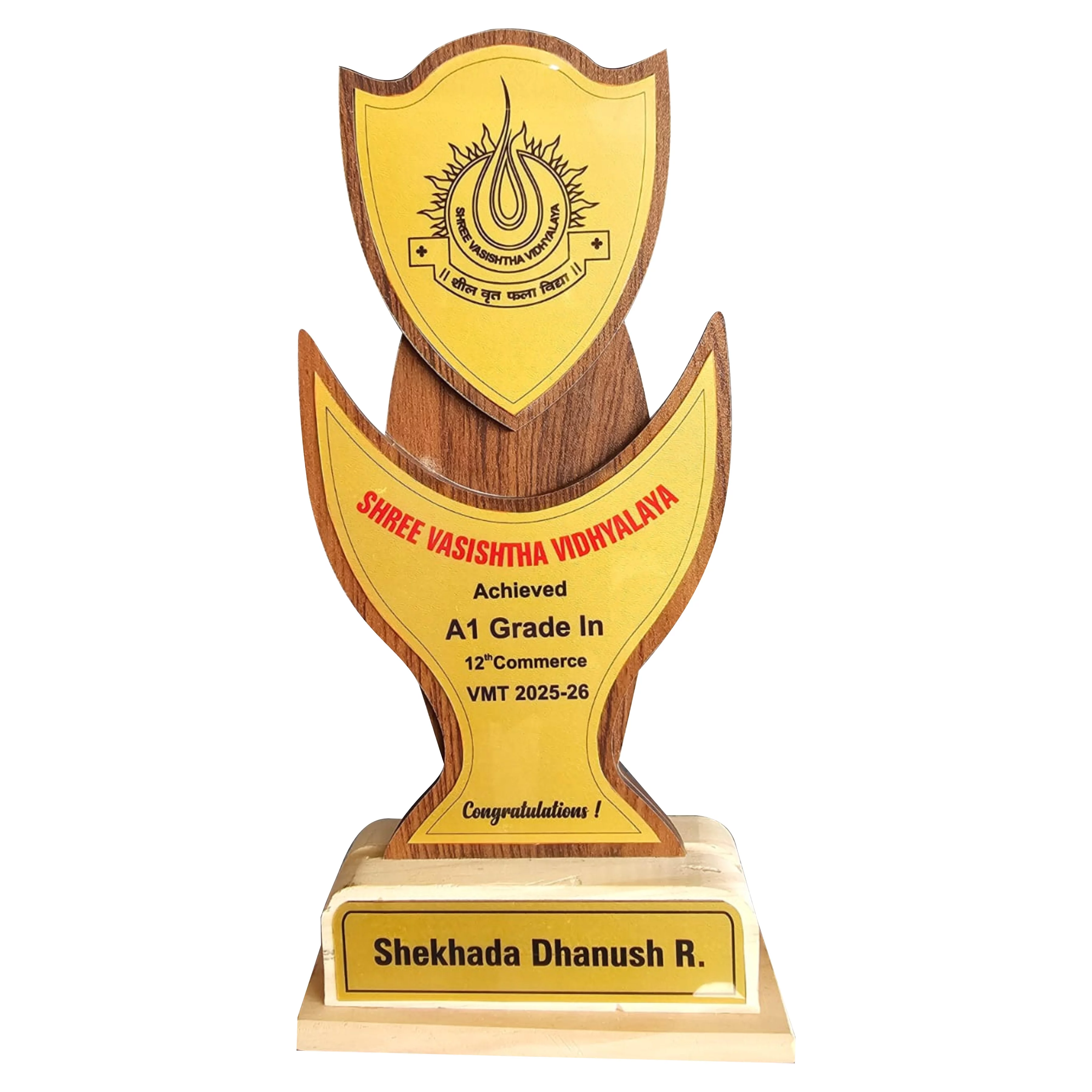 Customised Wooden Award Trophy with Golden Paper