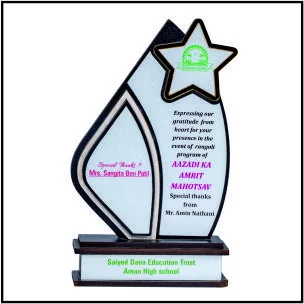 Customise Your Wooden Star Trophy With Silver Paper Laser Art - Best Trophy Shop In Canal Road Surat Gujarat Khodaldham Campus Opposite Harekrishna Village Restaurant Canal Road