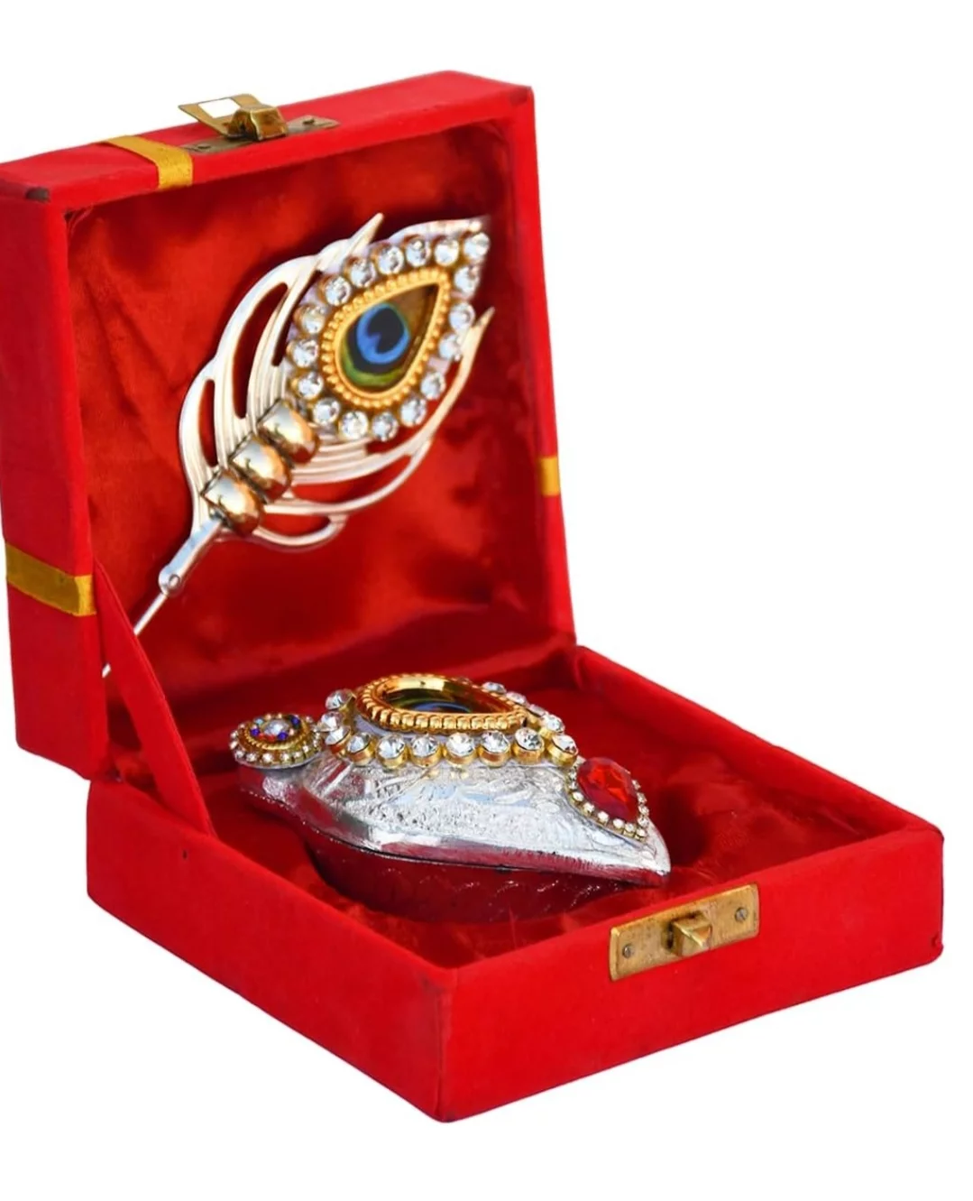 German Silver Plated Tilak Set with Peacock Feather Stick