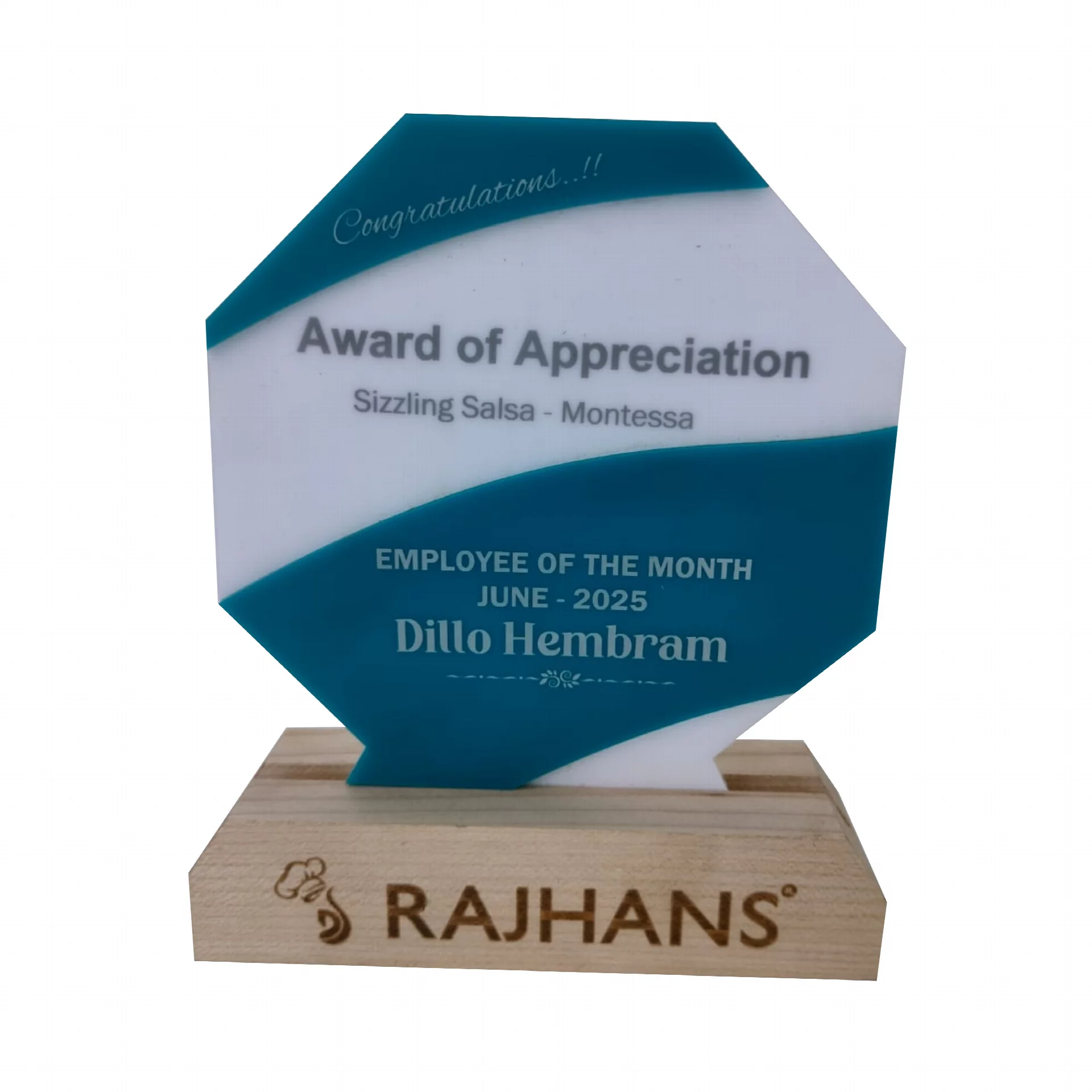 Customized Acrelicy Golden Colour Laser Print Trophy Design