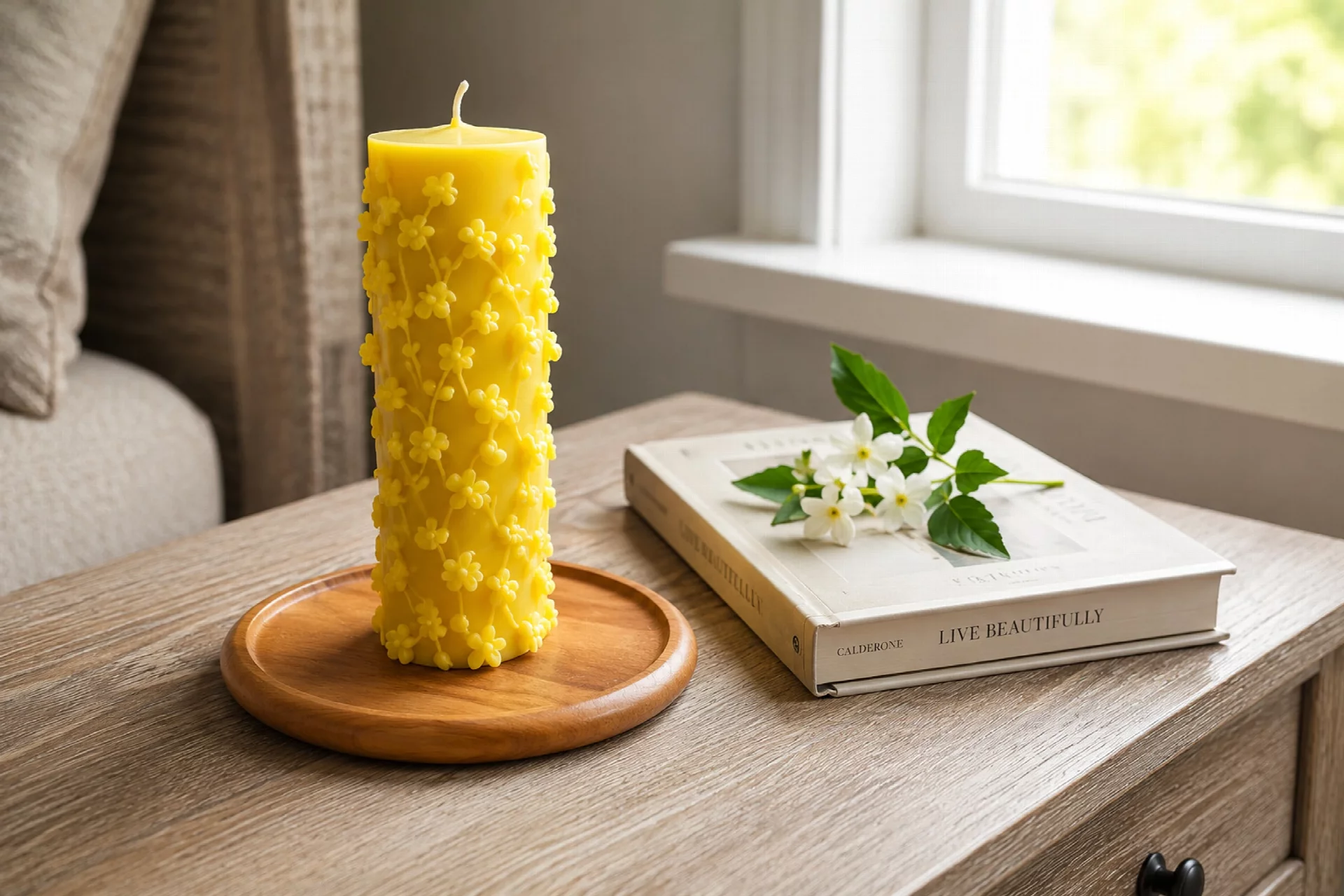 Floral Pillar Candle (Yellow, Pack of 1)