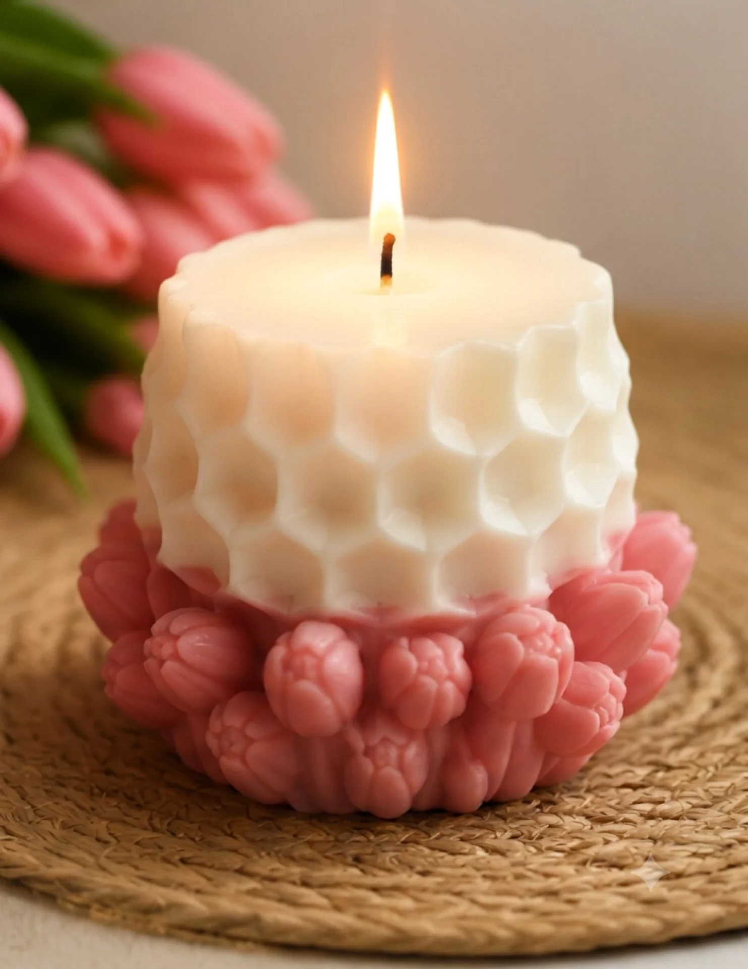 Honeycomb Floral Pillar Candle (White, Pink, Pack of 1)