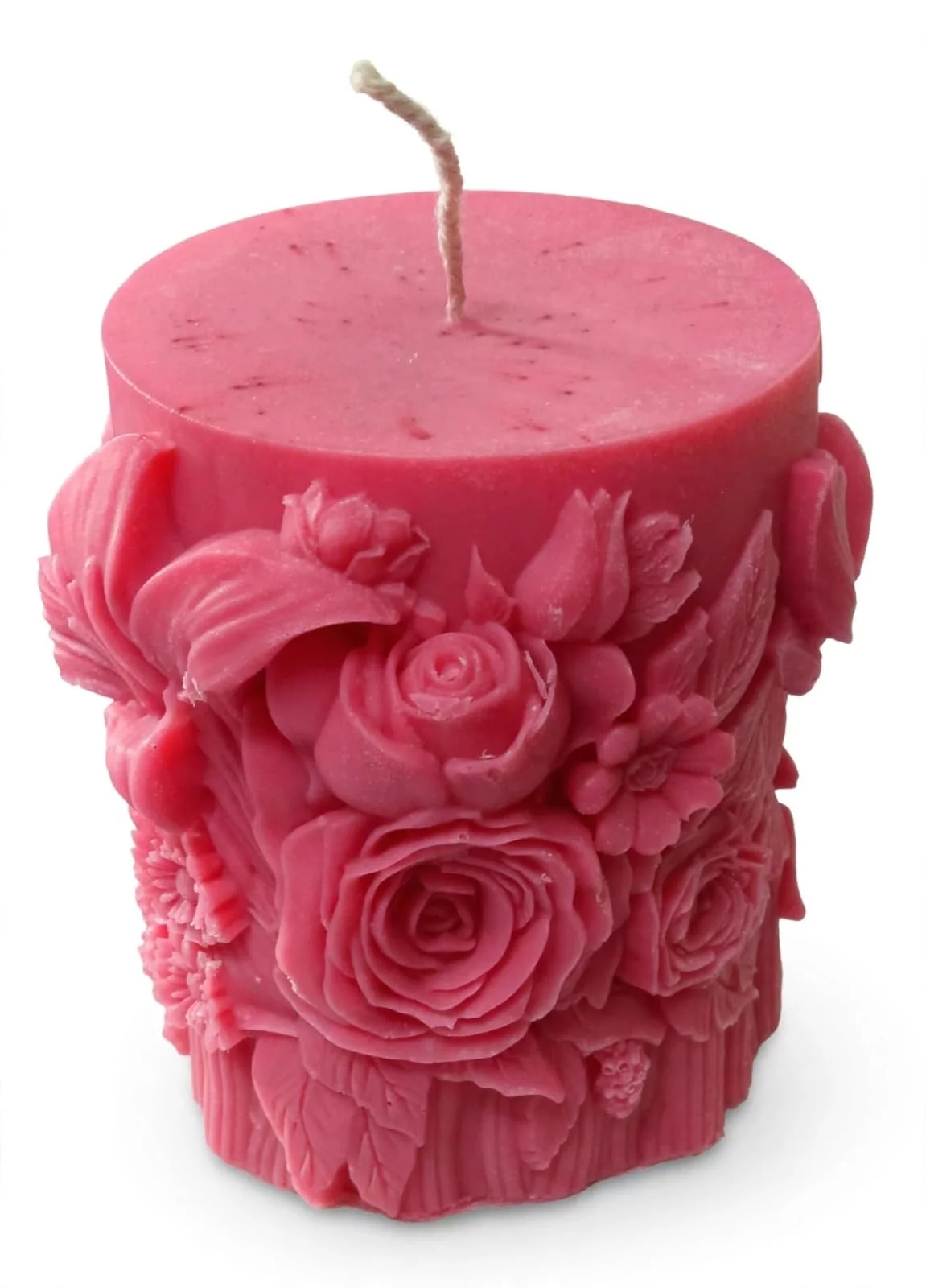 Floral Embossed Pillar Candle Deep Pink, 8x8 cm, 260g
