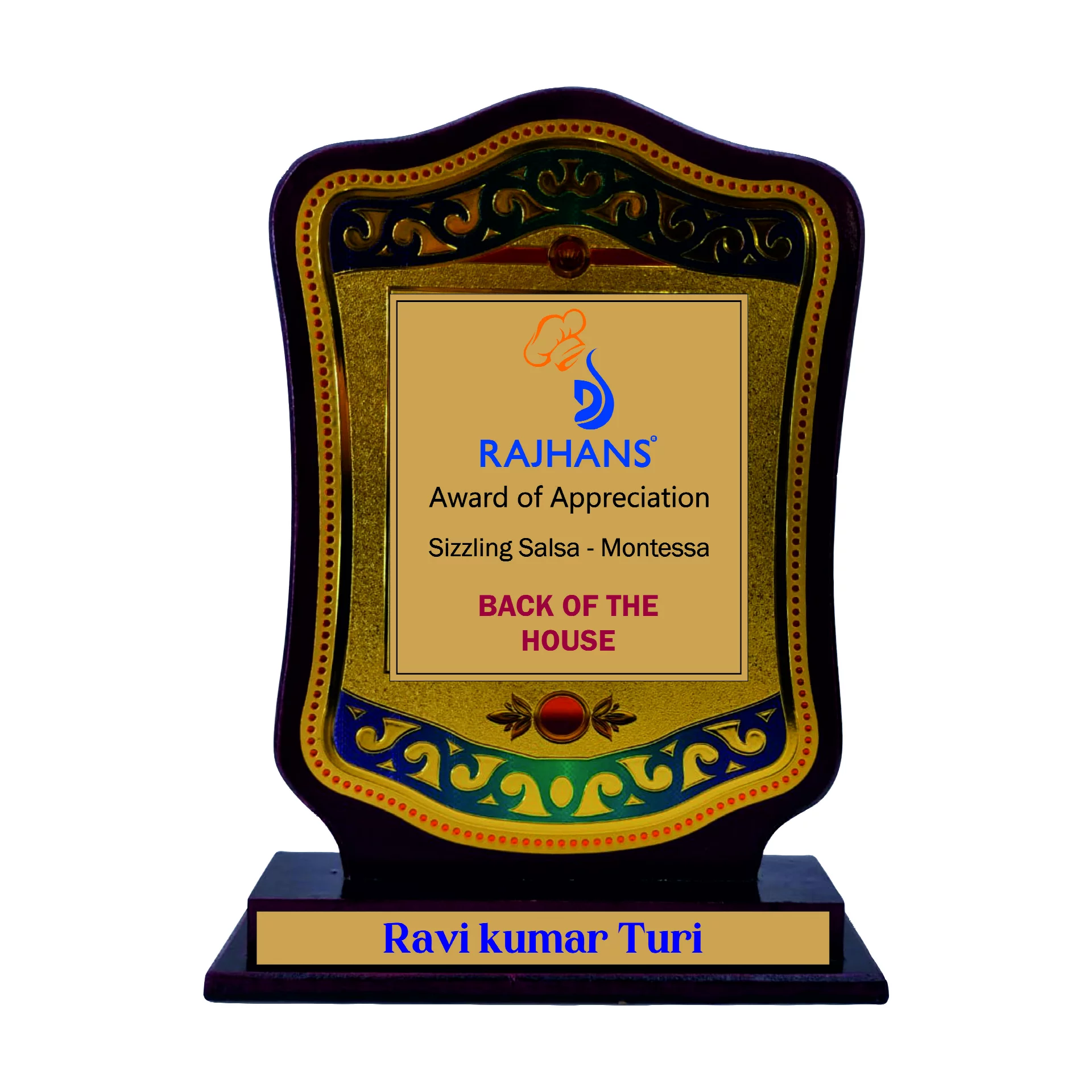 Decorative Wooden Momento Trophy with Golden Foil Design
