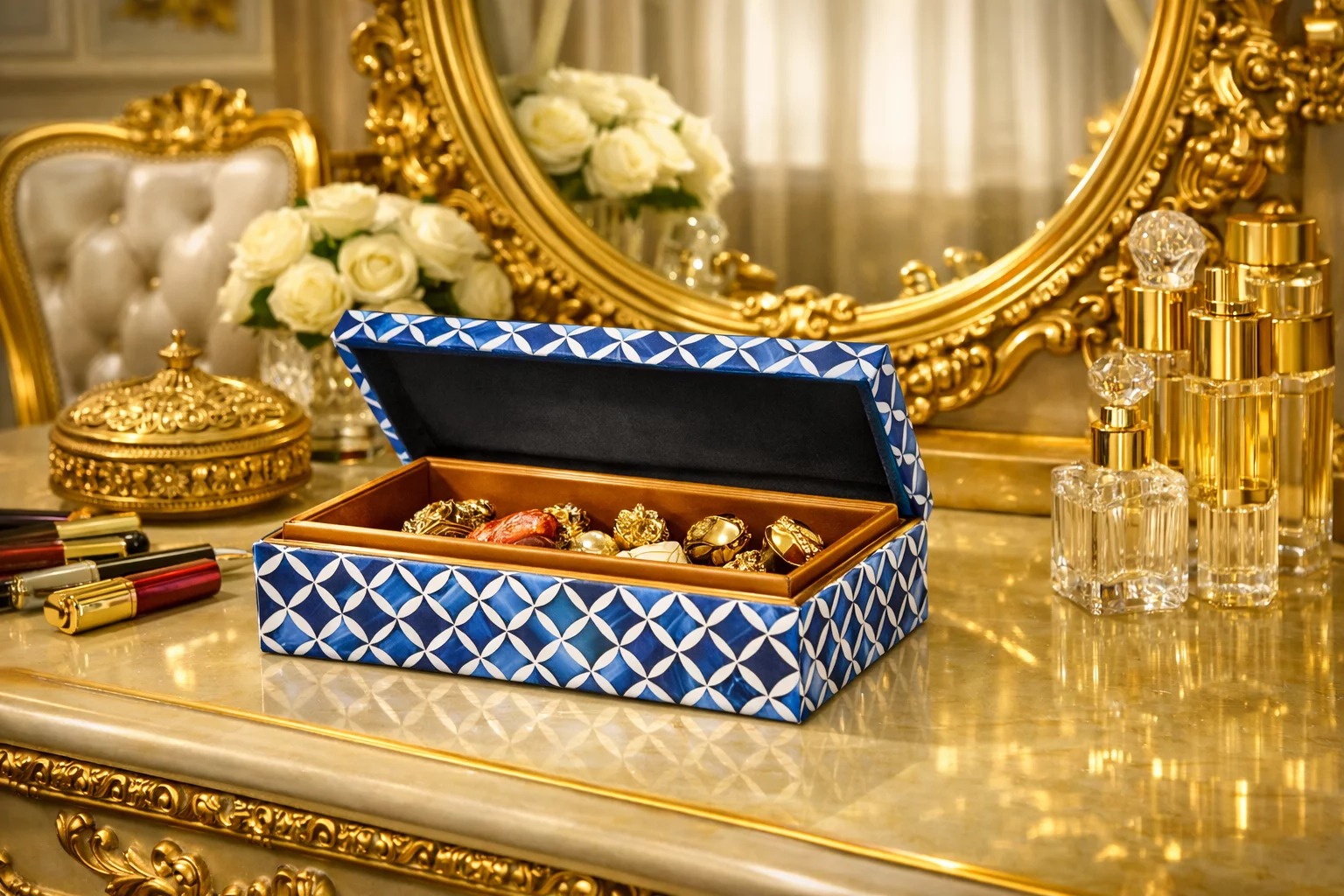 Vintage Wooden Organizer Box with Mirror & Velvet Lining Hindustan Exports Saif Khan Sarai