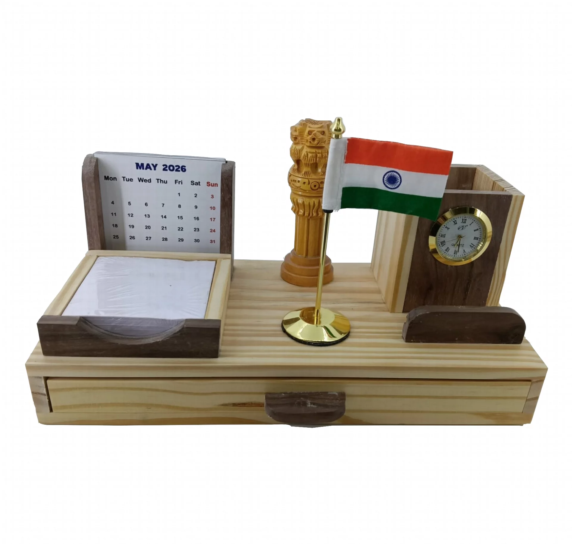 Wooden Pen Stand Ashok Stambh & Flag