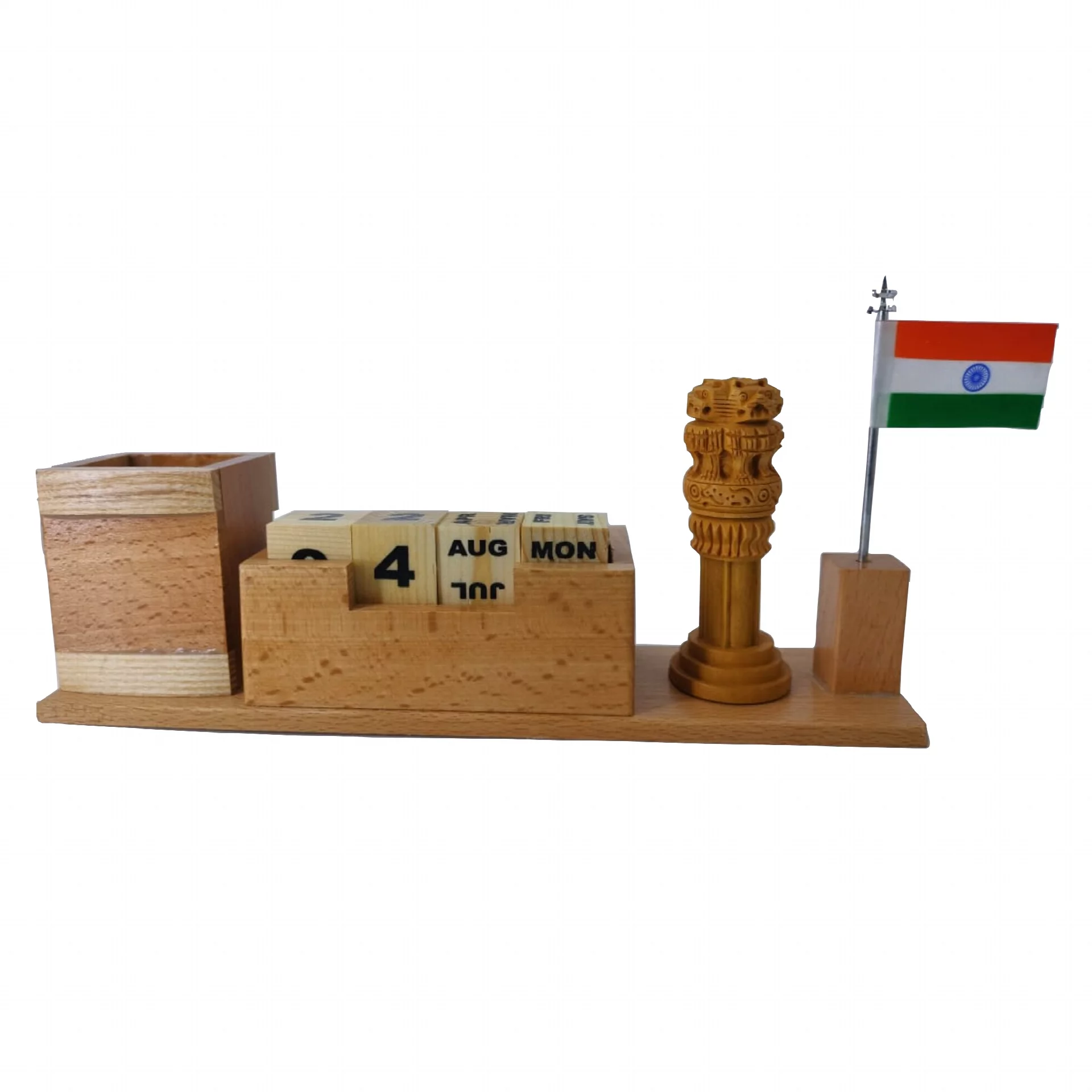 Wooden Pen Stand Ashok Stambh & Flag