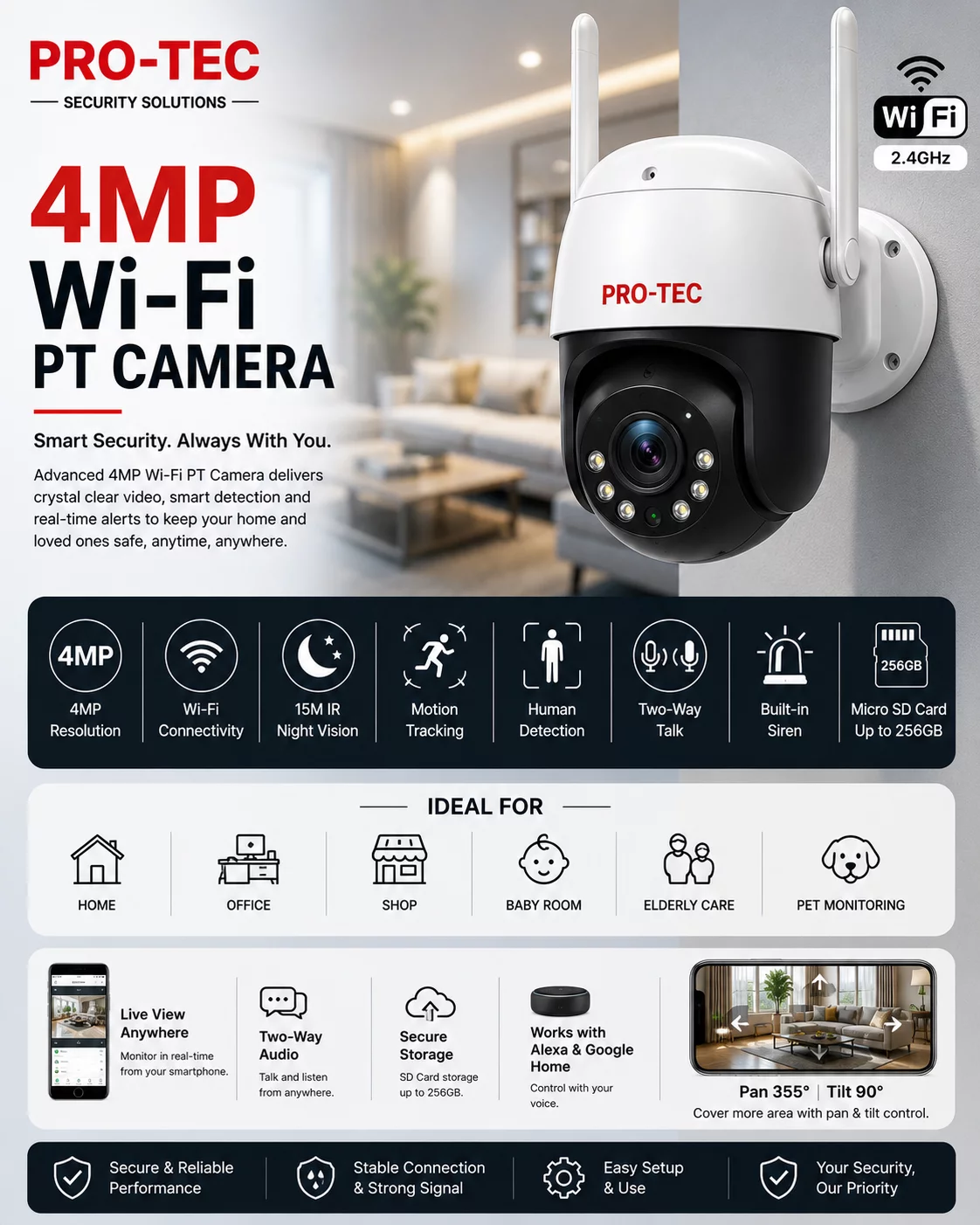 2MP 3MP 4MP Wi-Fi PT Camera - CCTV camera dealer in Visakhapatnam Pro-Tec Services - Mosquito Screens, CCTV & Networking Services DOOR No.1-7, BAJI JUNCTION , OPPOSITE TO MANYNAM PLAZA , NARAVA ROAD , OLD AIRPORT ROAD
