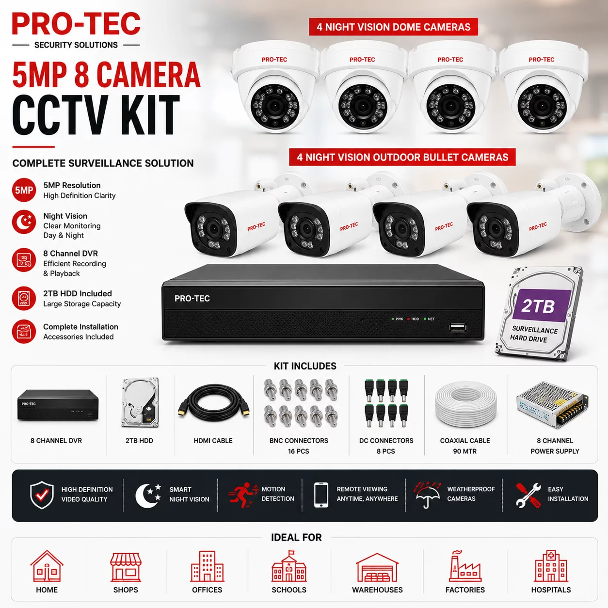 2MP 4MP 5MP 4 Night Vision Dome Cameras, 4 Night Vision Outdoor Bullet Cameras & 8 Channel DVR Kit