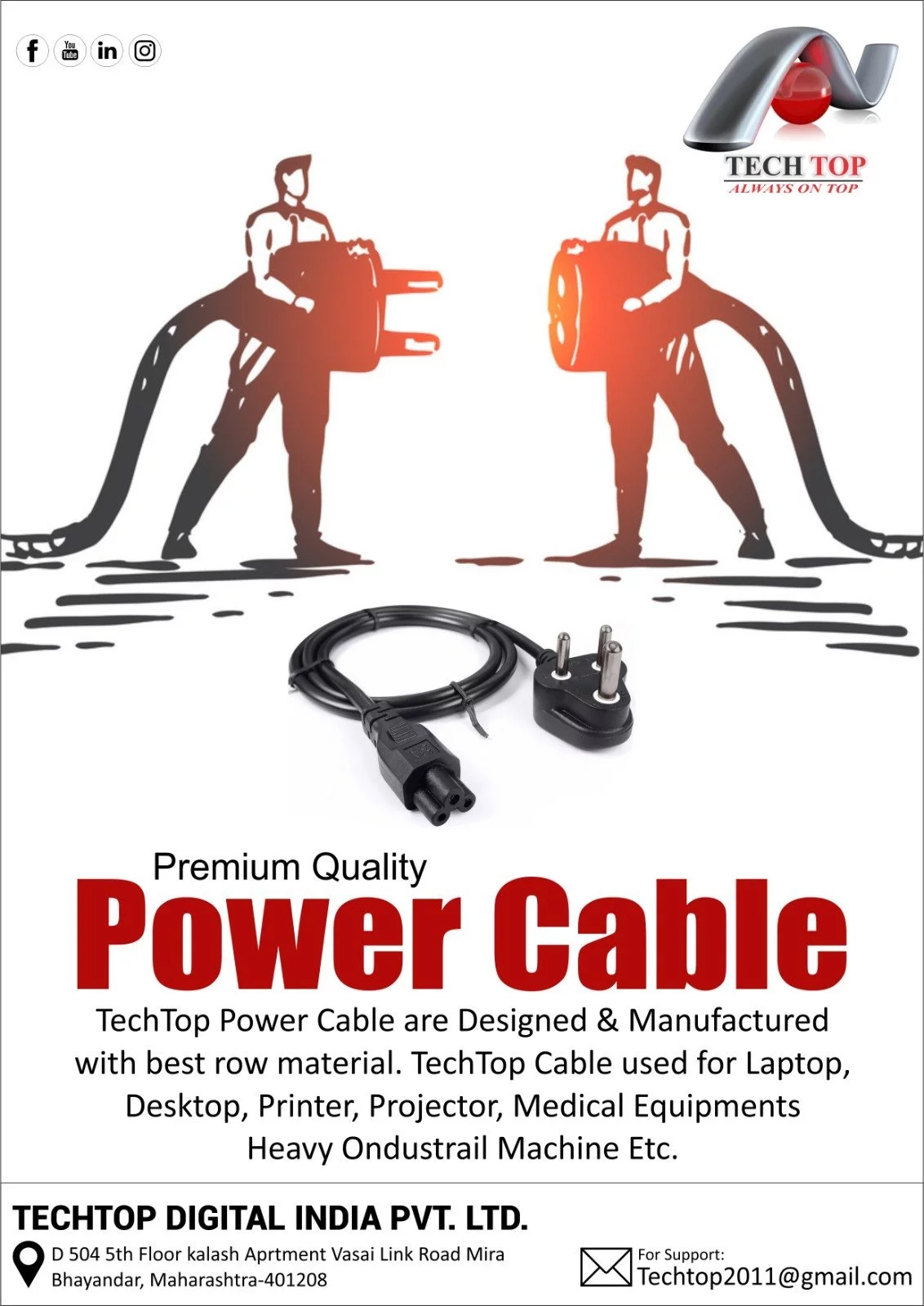 TECH TOP 1.5 Meter Power Cable CENTRONIX COMPUTERS 📍 M4, Navrang Plaza, 35, Sneh Nagar, Sapna Sangeeta Main Road, Indore (M.P.) – 452001