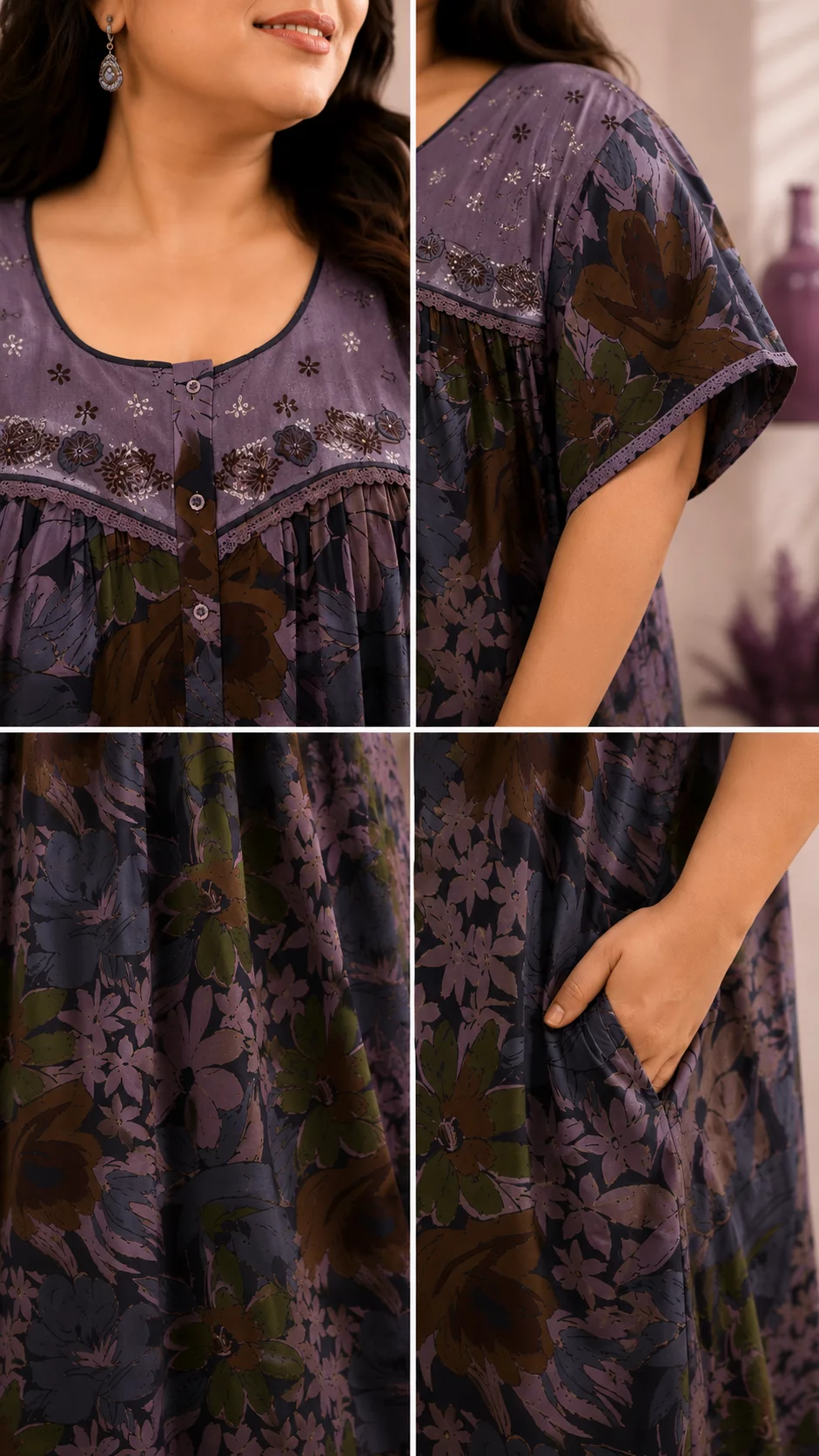 Mix Fabric Nightwear Gown for Women