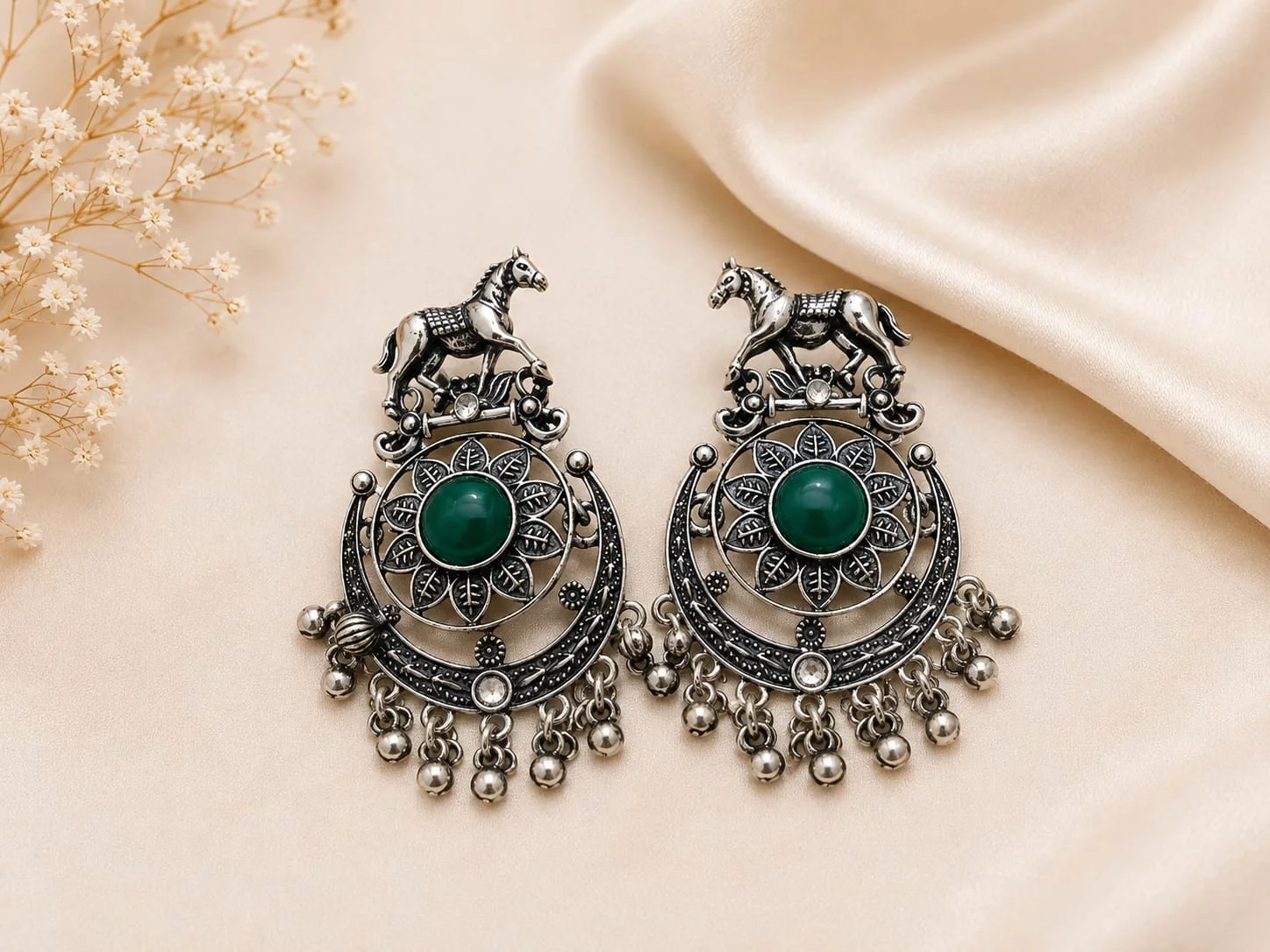 Oxidised Silver Horse Motif Chandbali Earrings with Green Kairavi Vijay Nagar, Indore, Madhya Pradesh 452010, India