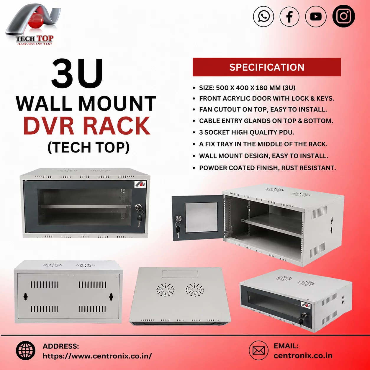 Tech Top 3U Wall Mount DVR/NVR Rack CENTRONIX COMPUTERS 📍 M4, Navrang Plaza, 35, Sneh Nagar, Sapna Sangeeta Main Road, Indore (M.P.) – 452001