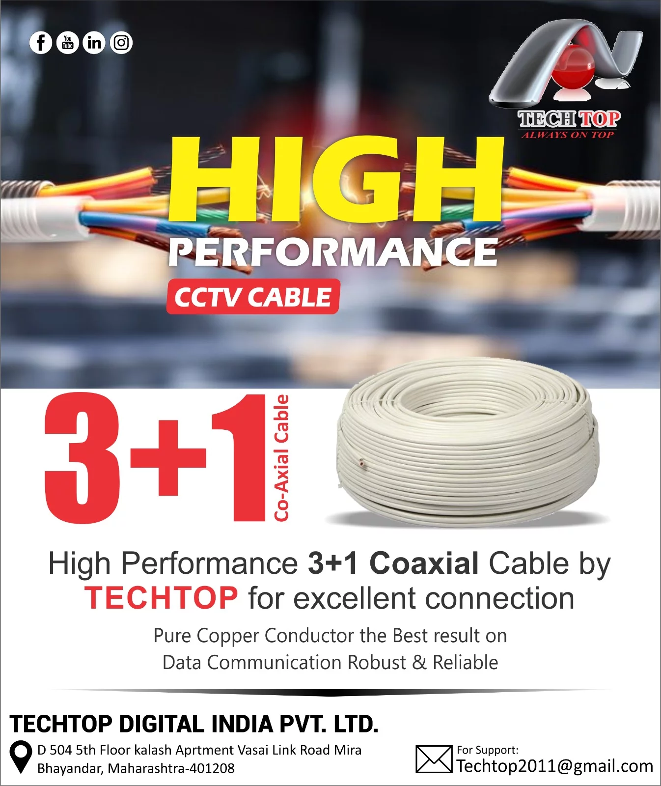 3+1 Tech Top Coaxial CCTV Camera Cable CENTRONIX COMPUTERS 📍 M4, Navrang Plaza, 35, Sneh Nagar, Sapna Sangeeta Main Road, Indore (M.P.) – 452001