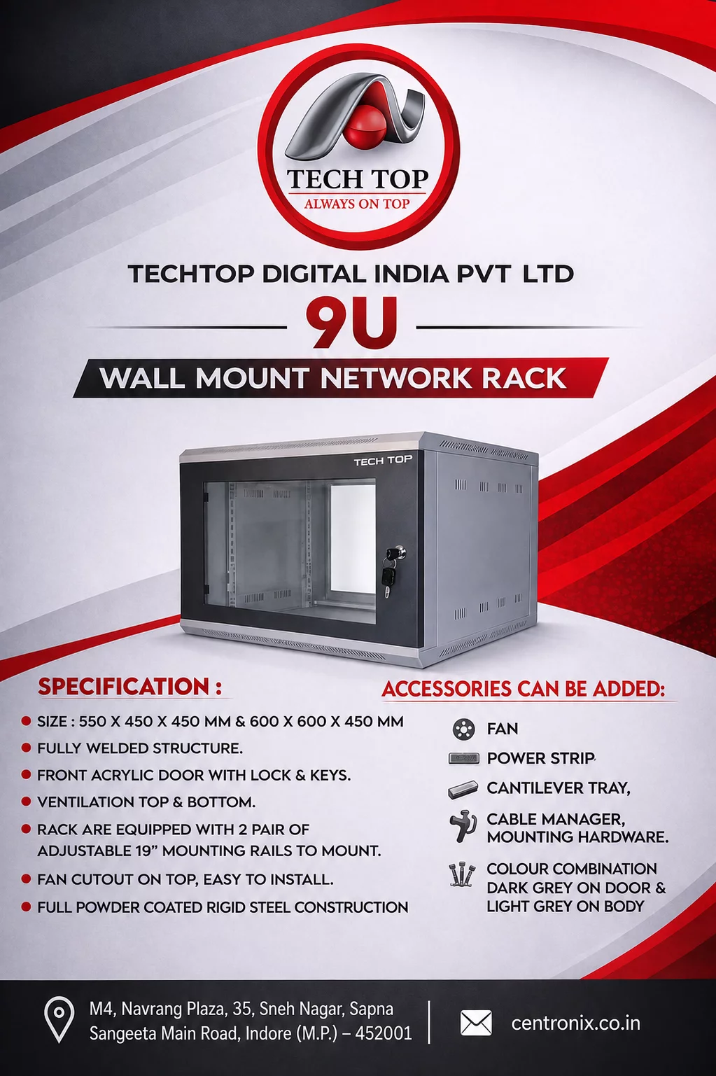 9U Tech Top Wall Mount Rack CENTRONIX COMPUTERS 📍 M4, Navrang Plaza, 35, Sneh Nagar, Sapna Sangeeta Main Road, Indore (M.P.) – 452001