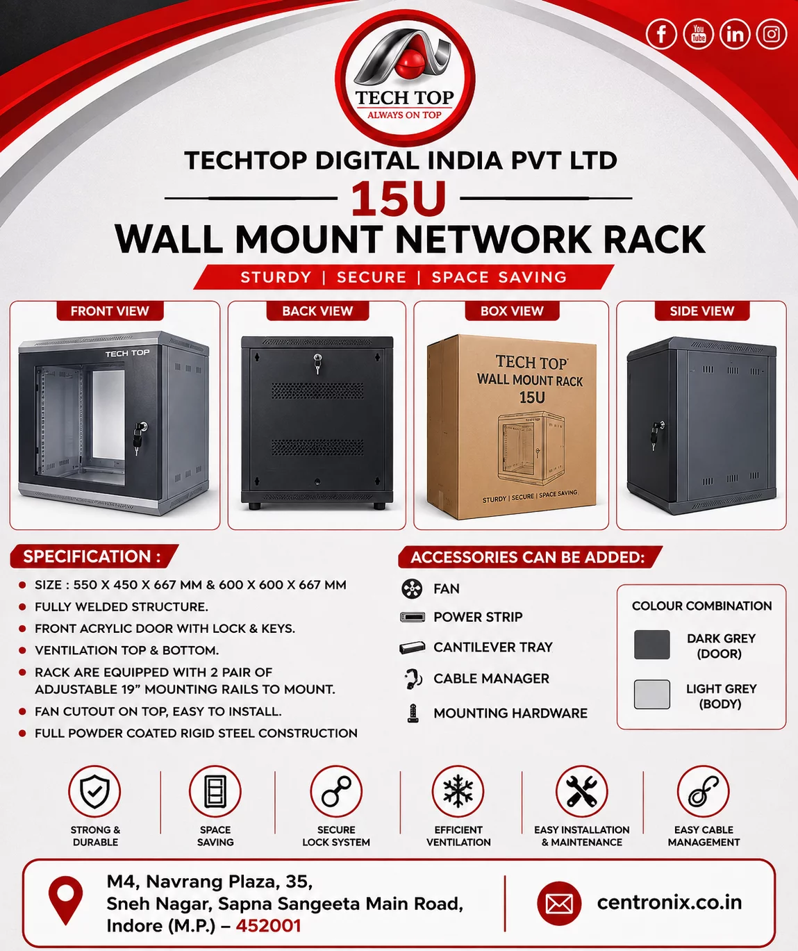 15U Tech Top Wall Mount Rack CENTRONIX COMPUTERS 📍 M4, Navrang Plaza, 35, Sneh Nagar, Sapna Sangeeta Main Road, Indore (M.P.) – 452001