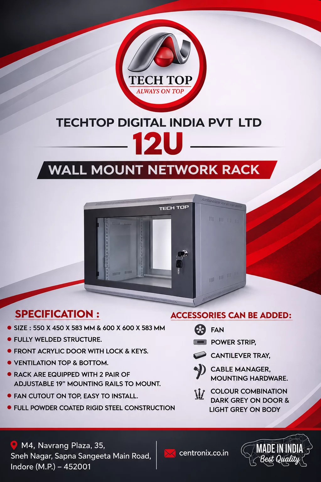 12U Tech Top Wall Mount Rack CENTRONIX COMPUTERS 📍 M4, Navrang Plaza, 35, Sneh Nagar, Sapna Sangeeta Main Road, Indore (M.P.) – 452001