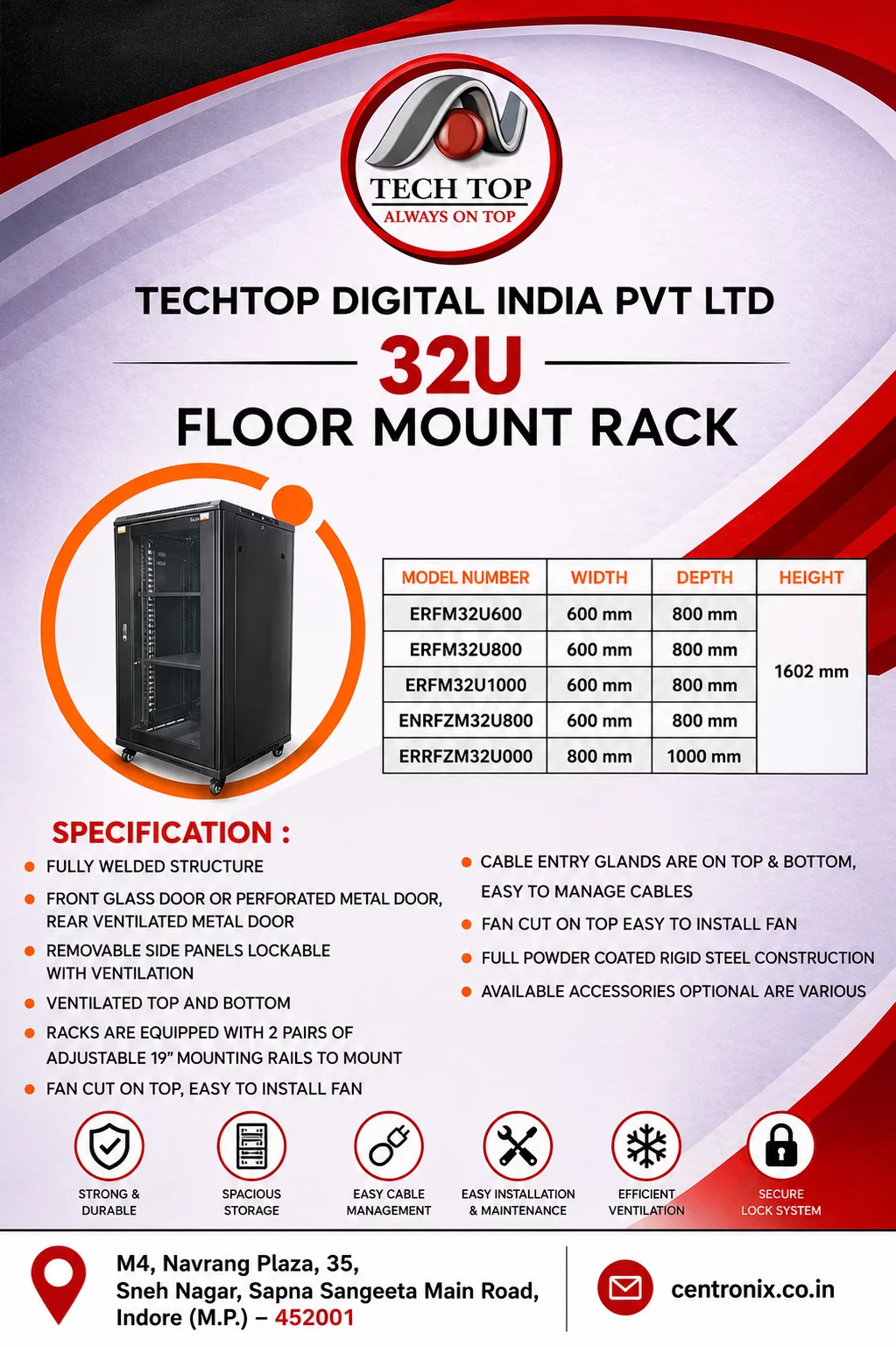 Tech Top 32U Floor Mount Rack CENTRONIX COMPUTERS 📍 M4, Navrang Plaza, 35, Sneh Nagar, Sapna Sangeeta Main Road, Indore (M.P.) – 452001