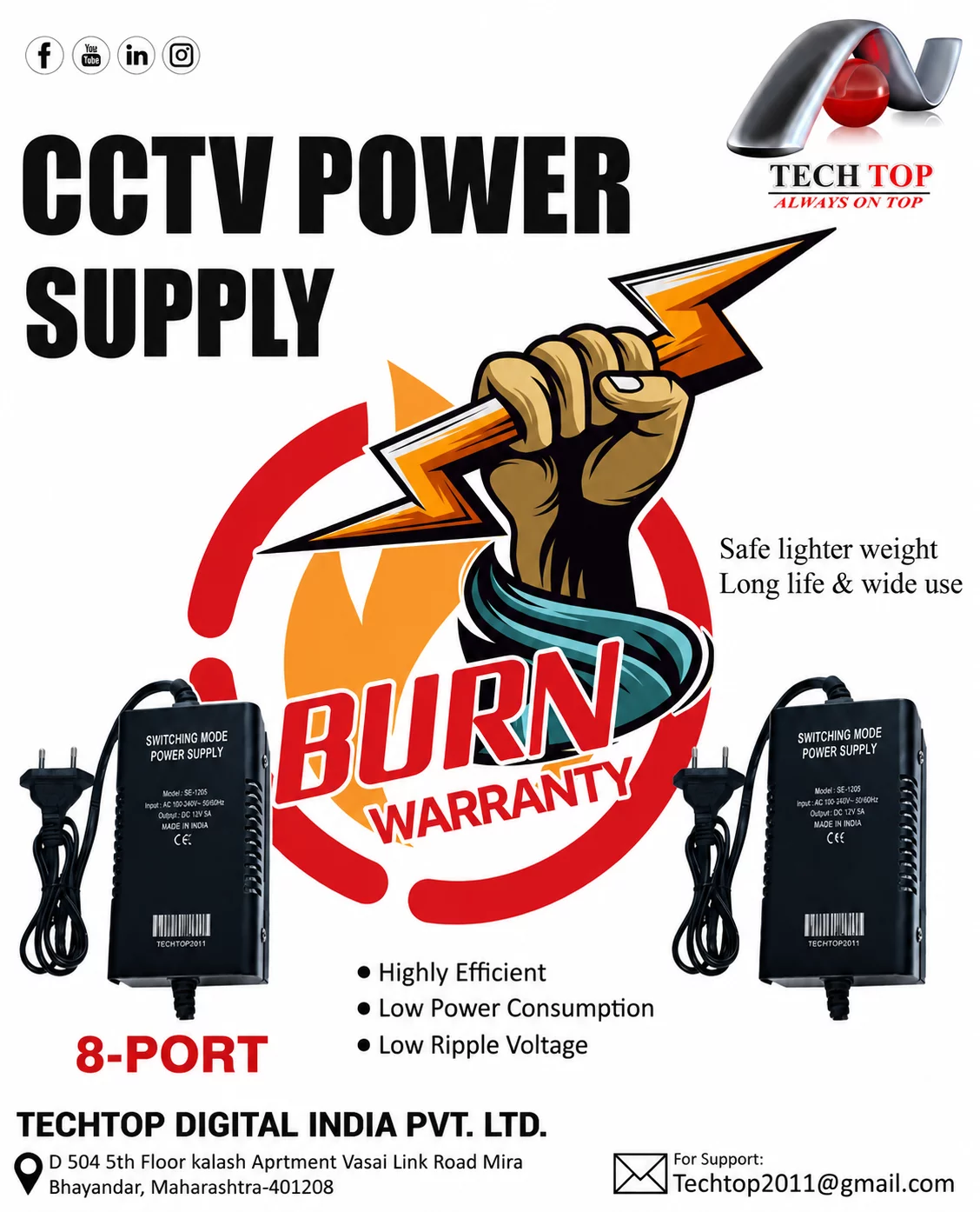 8 PORT CCTV POWER SUPPLY (TECHTOP) CENTRONIX COMPUTERS 📍 M4, Navrang Plaza, 35, Sneh Nagar, Sapna Sangeeta Main Road, Indore (M.P.) – 452001