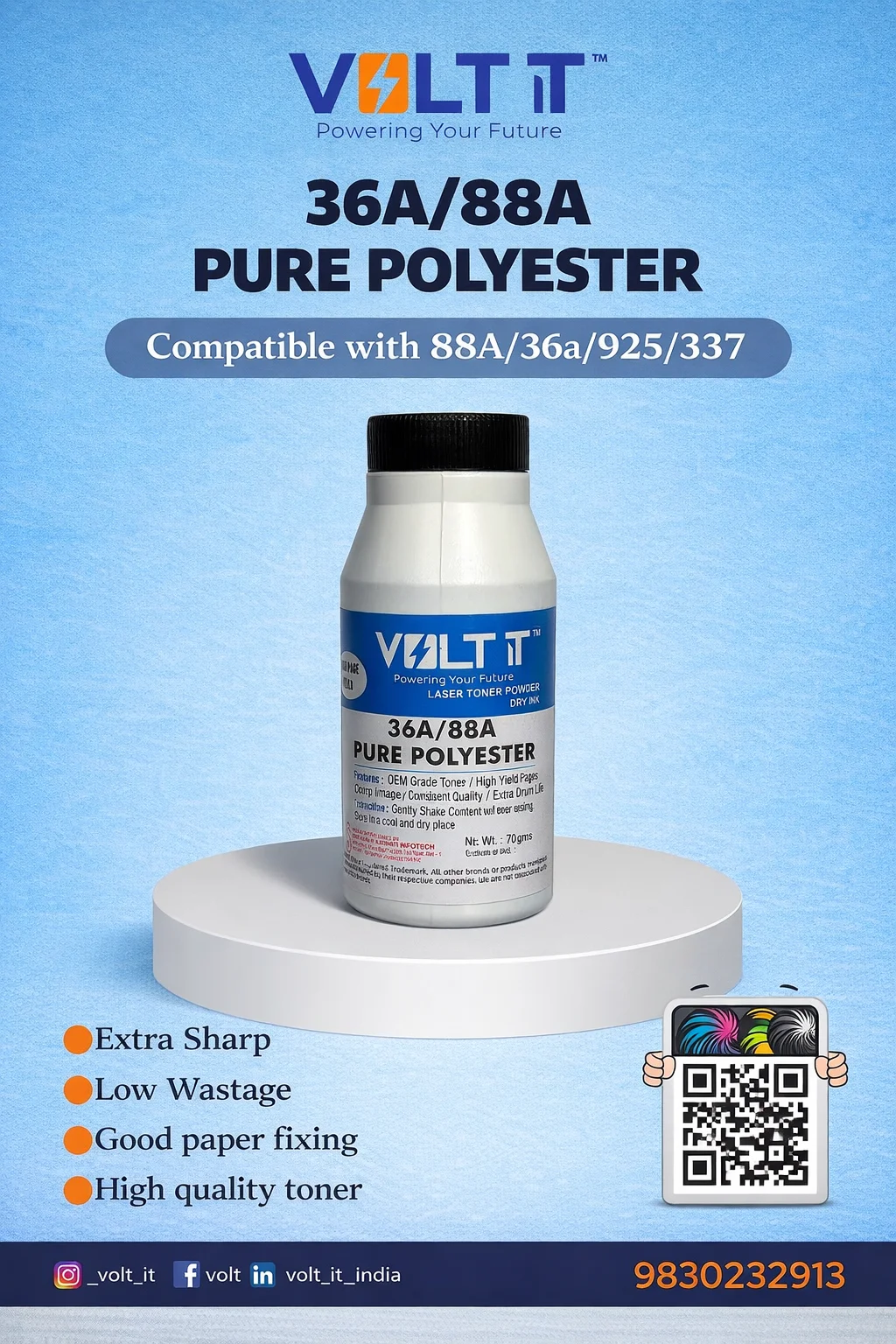 VOLT IT 88A (70GM) PURE POLYSTER TONER POWDER DIGITAL SERVICE CARE 