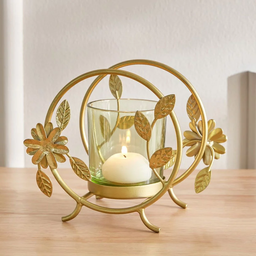 Golden Floral Glass Candle Holder
