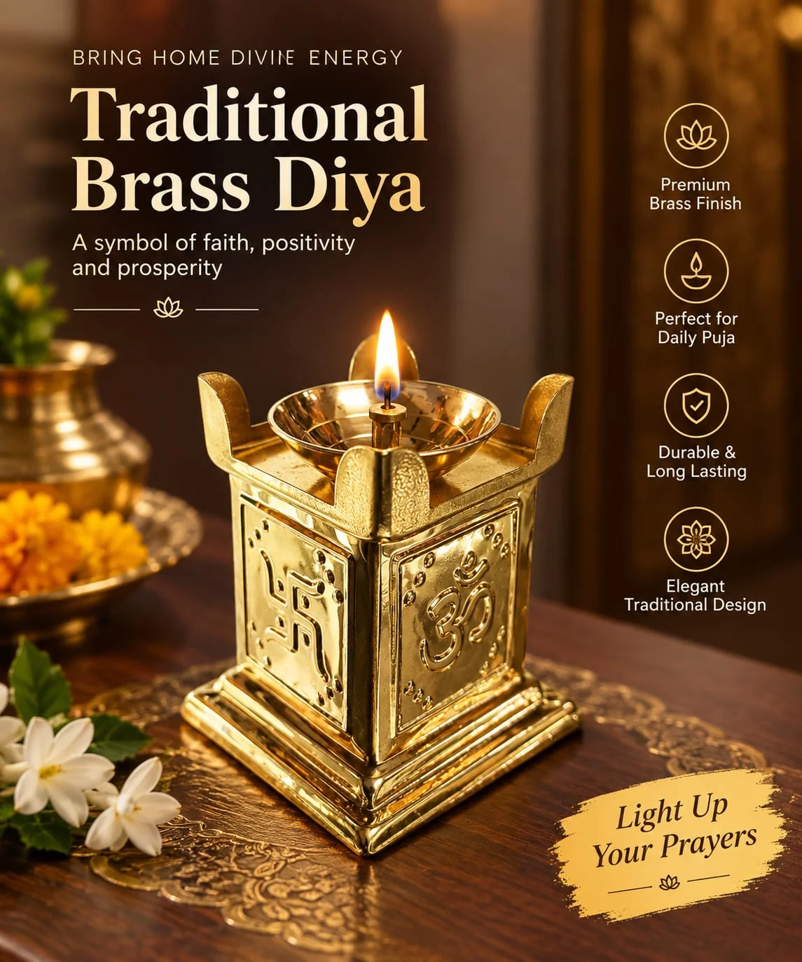 Brass Tulsi Diya with Engraved Om Swastik Symbols