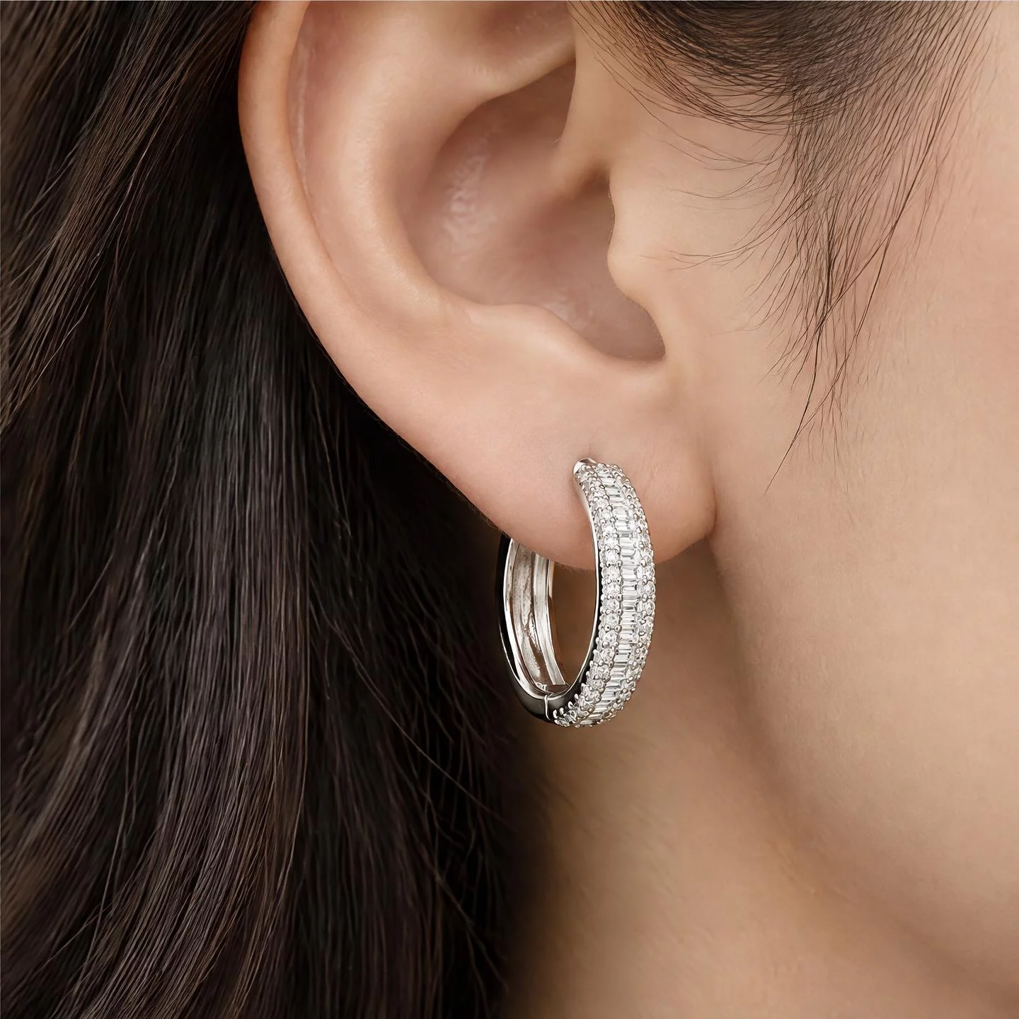 Baguette Pave Sterling Silver Hoop Earrings