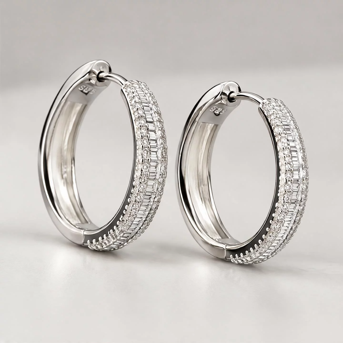 Baguette Pave Sterling Silver Hoop Earrings