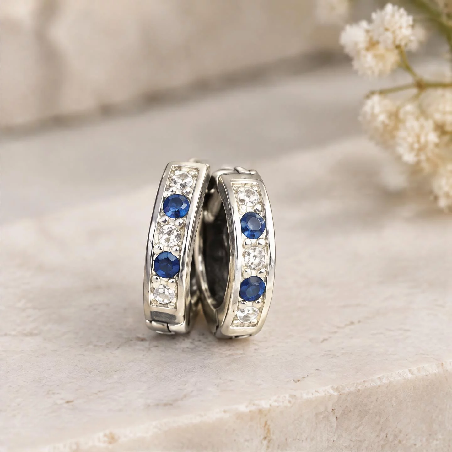 Sapphire Blue Sterling Silver Huggie Hoops